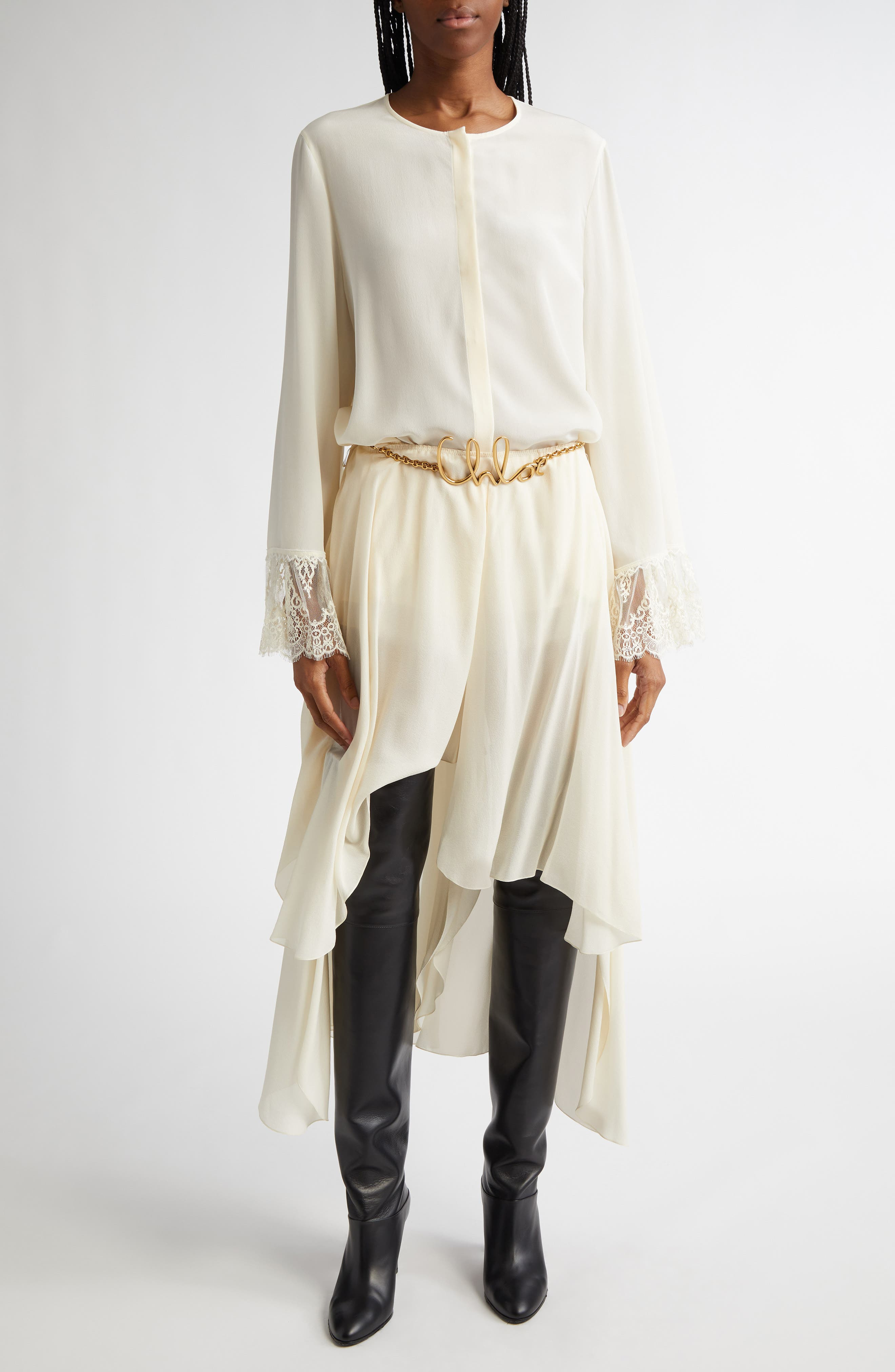 Chloé Lace Cuff Silk Crêpe de Chine Shirt in Coconut Milk at Nordstrom - 2