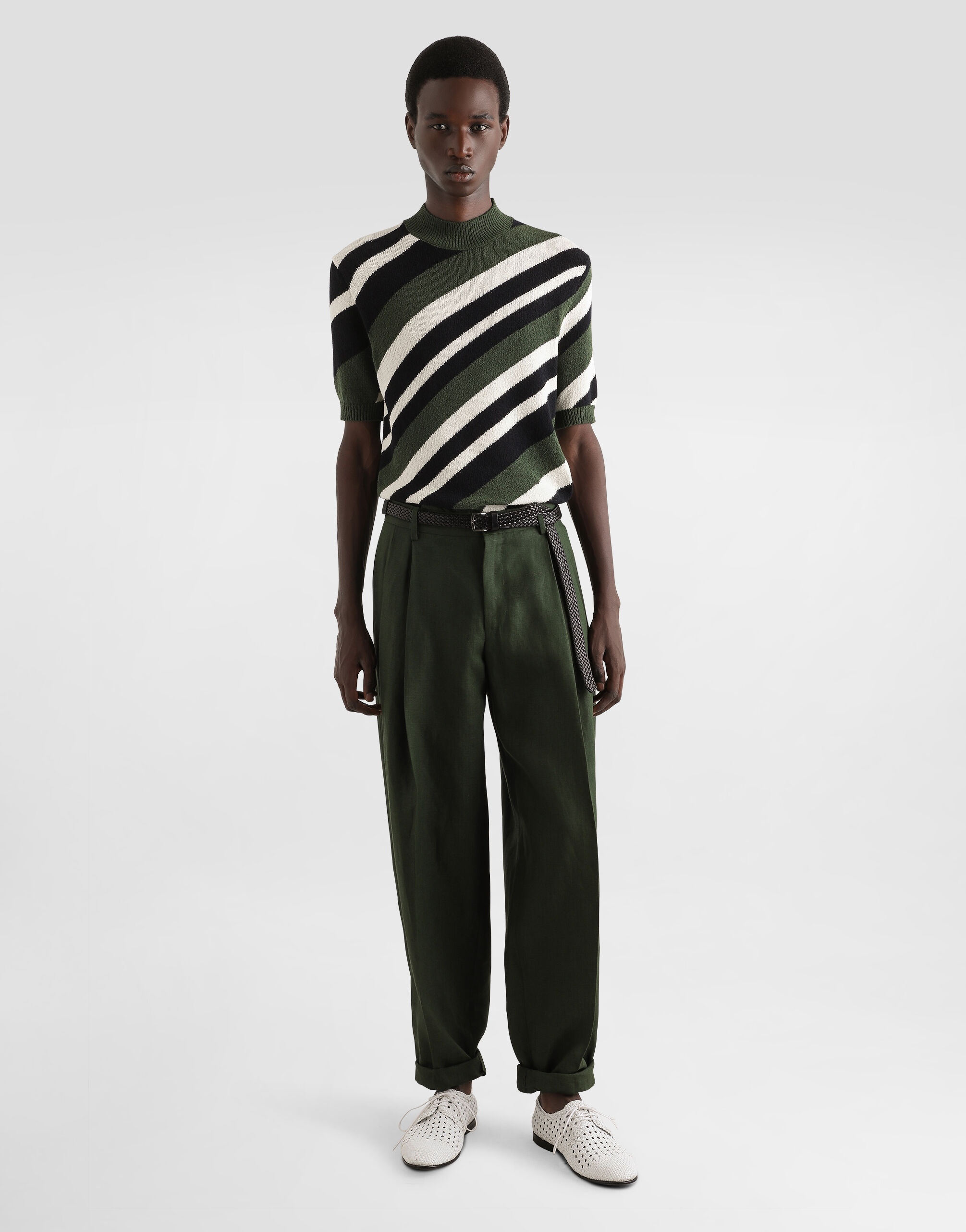 Short-sleeved cotton mock-turtleneck with striped inlay - 2