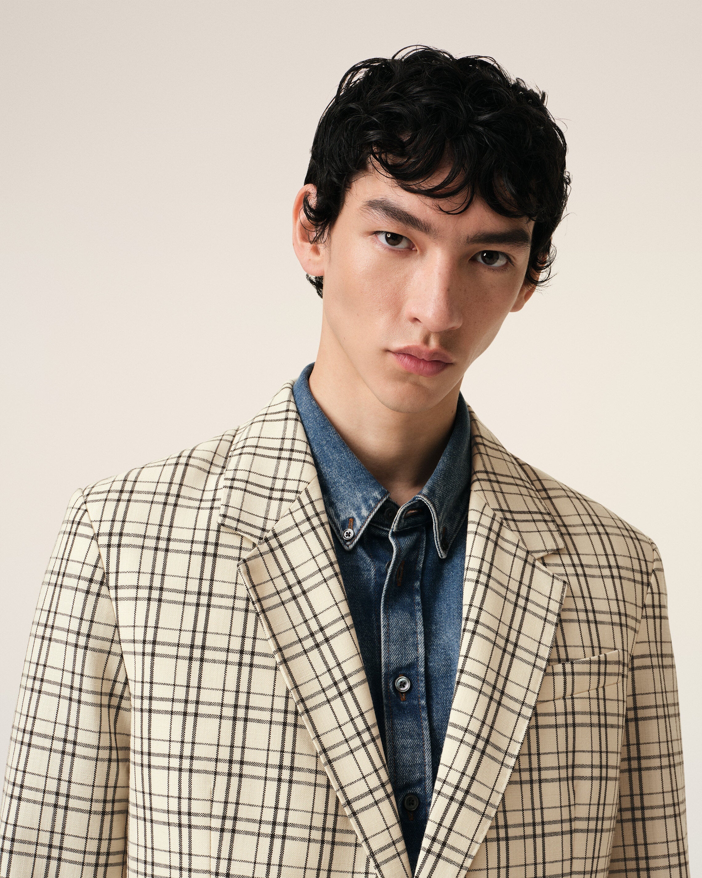 BEIGE CHECKED WOOL SEMI-LINED JACKET - 4