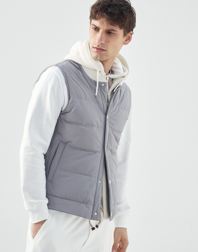 Bonded nylon down vest with knitted bib and detachable hood 1