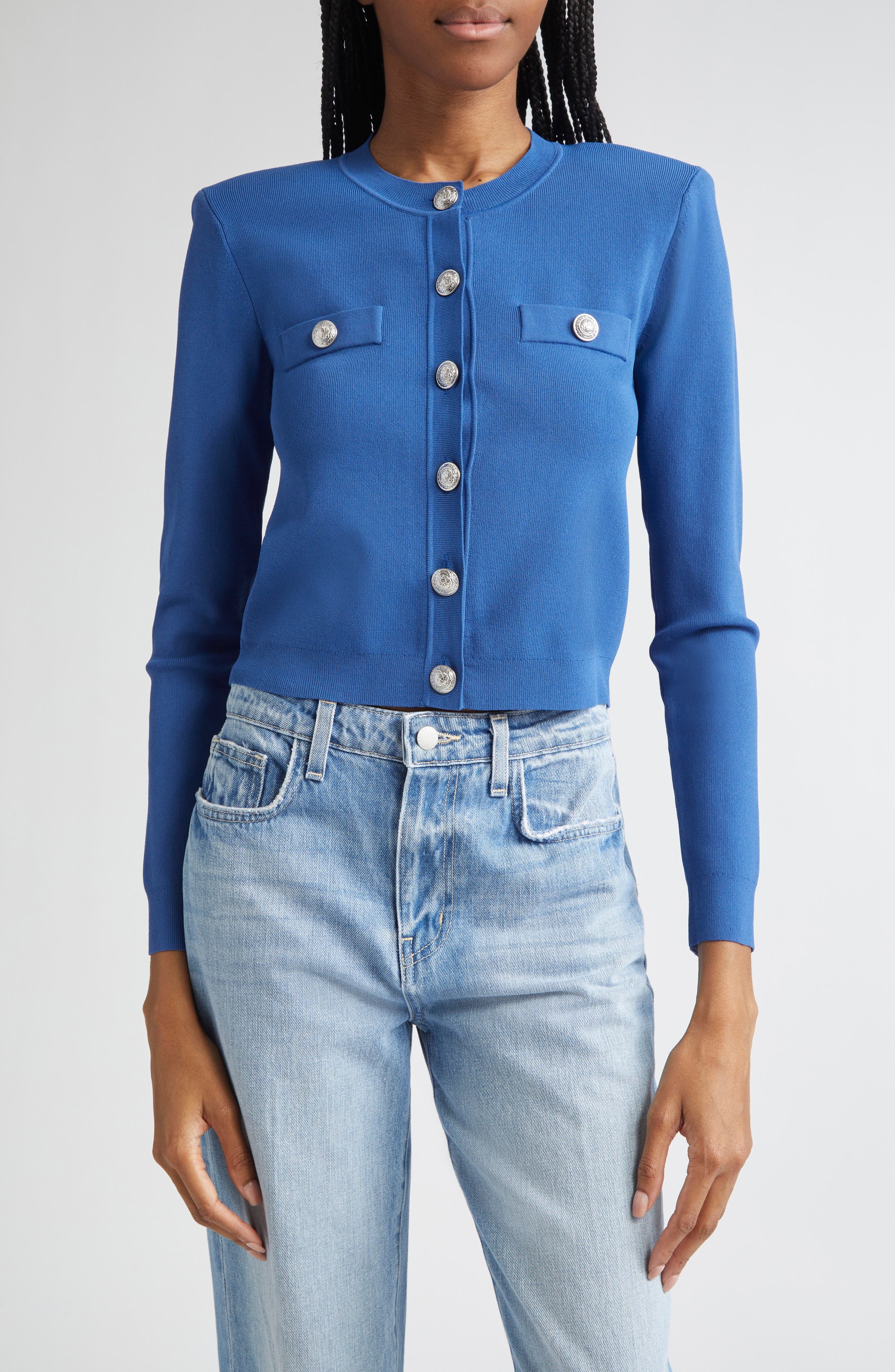 L'AGENCE Toulouse Crewneck Crop Cardigan in Bay Blue/Nickel at Nordstrom - 1
