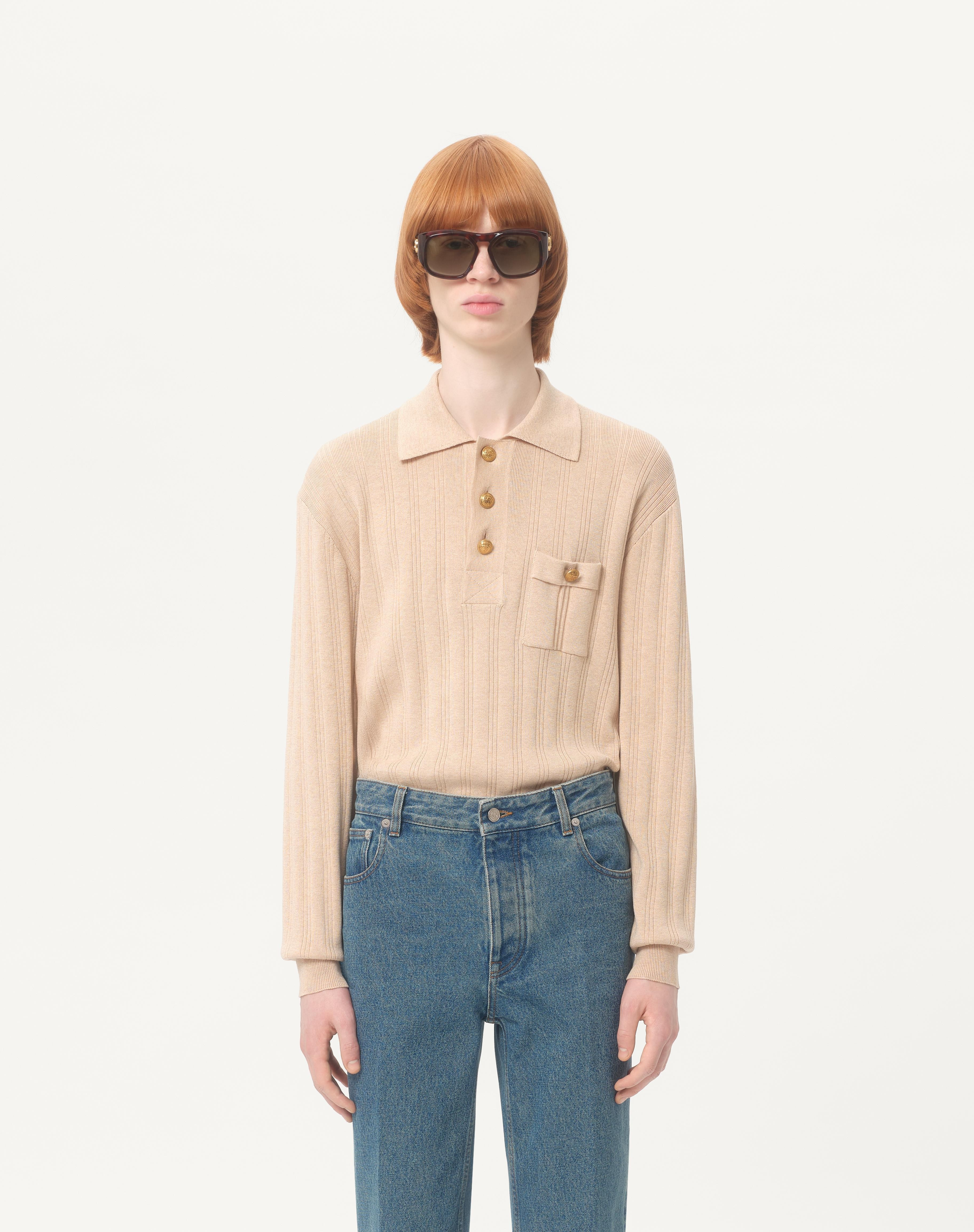 LONG-SLEEVED RIBBED COTTON POLO SHIRT - 4