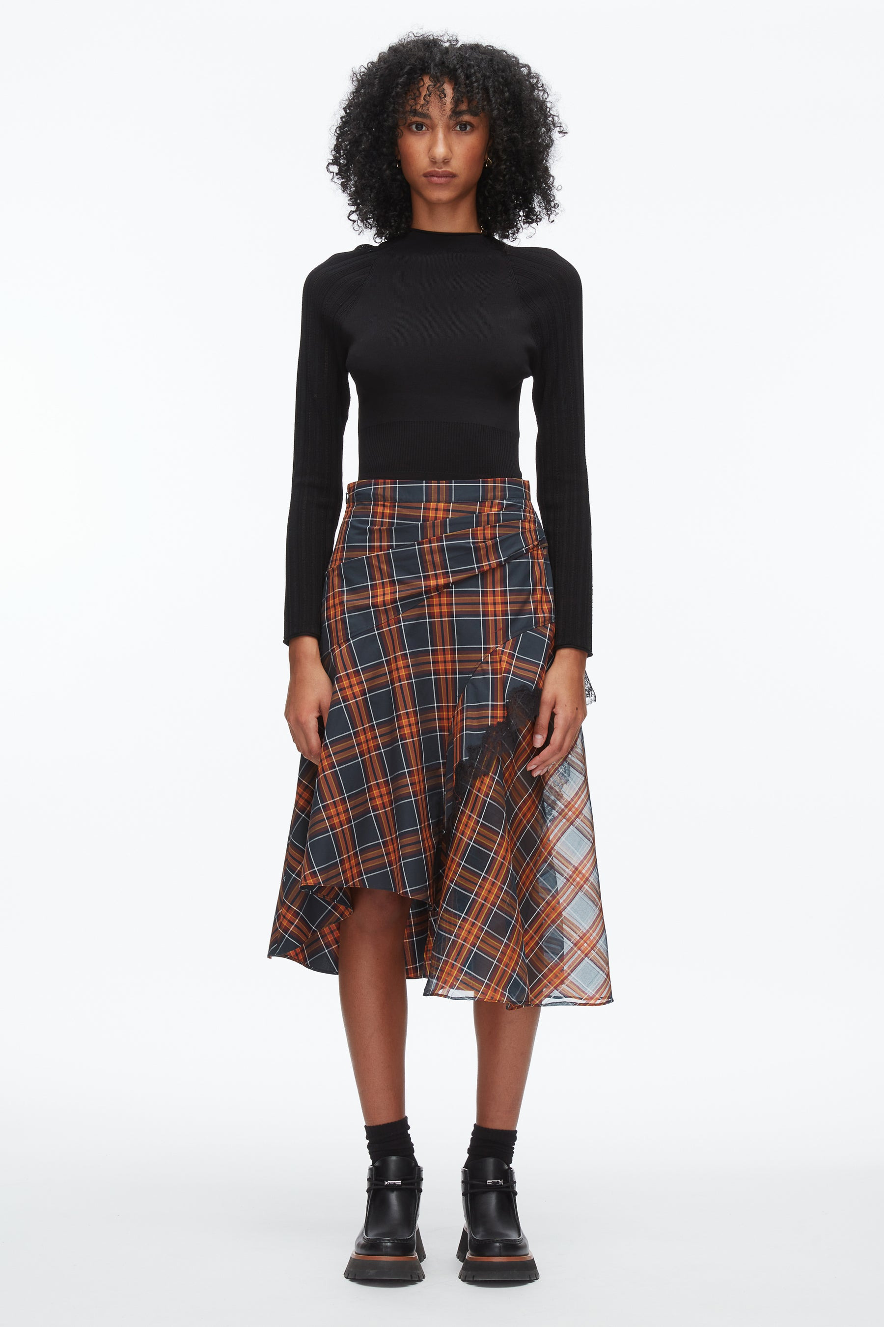 Plaid Mix Draped Midi Skirt - 2