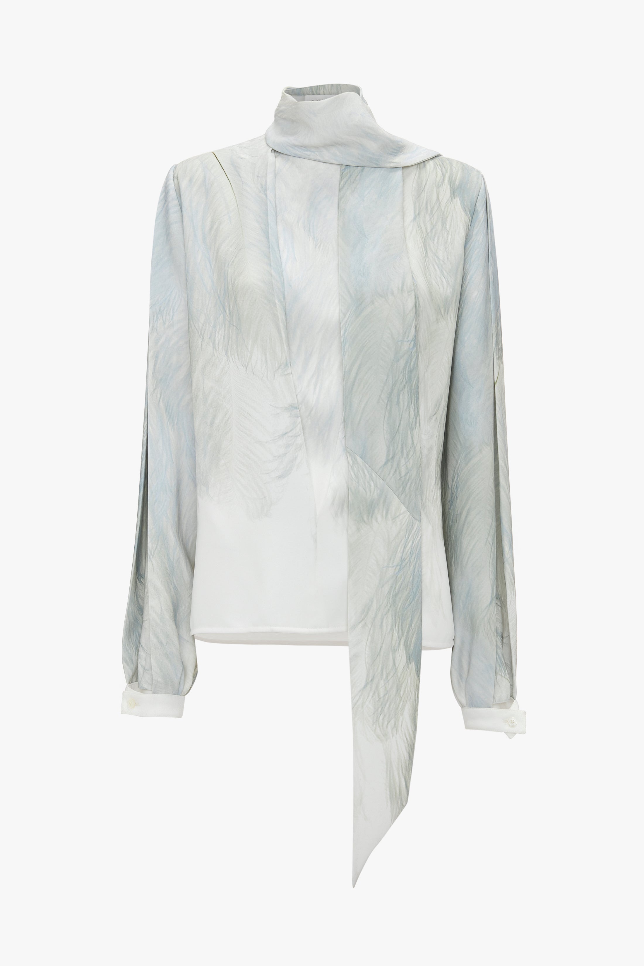 Scarf Neck Blouse In White Digital Feather Print - 1