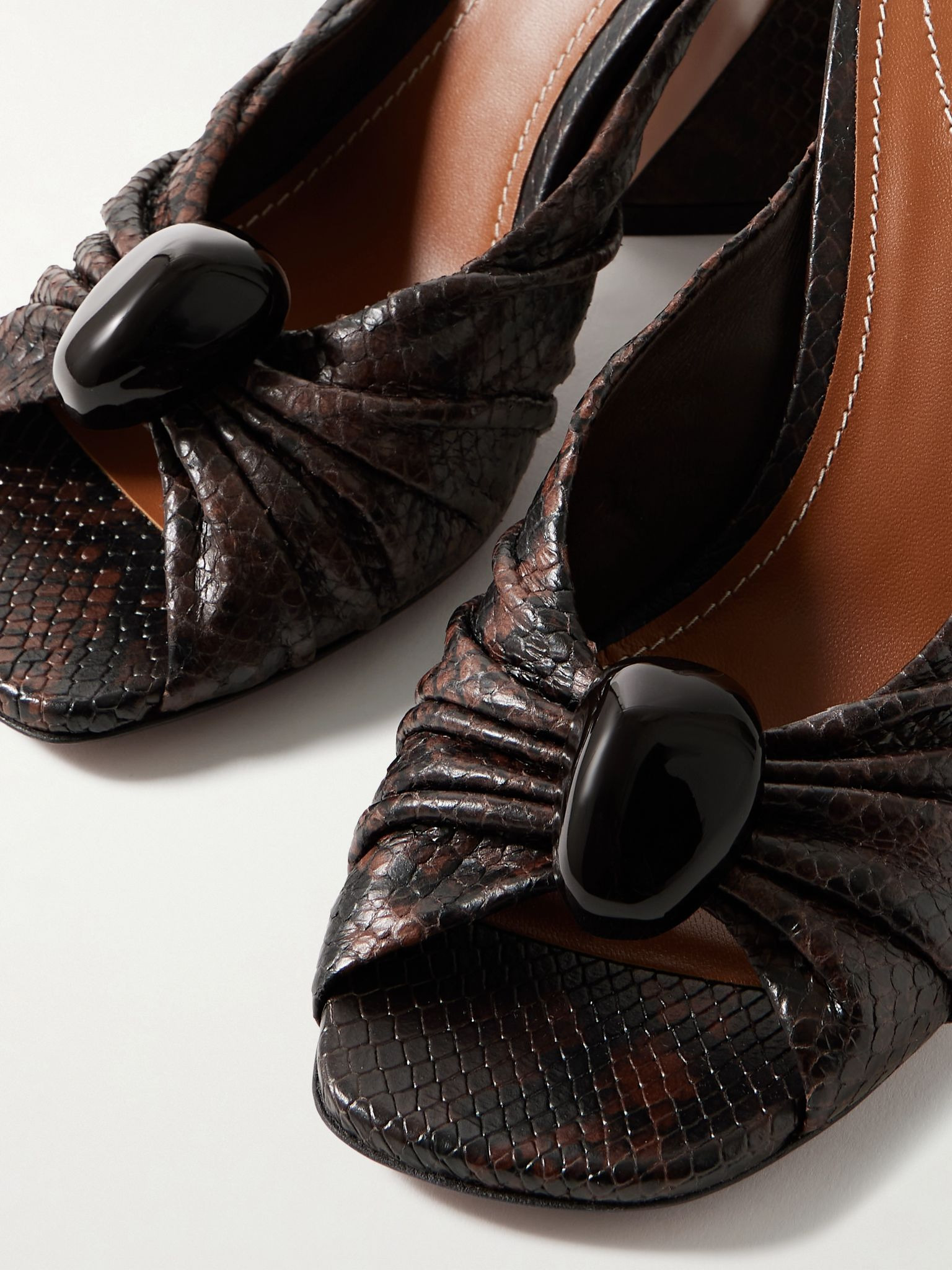 Gleam embellished gathered snake-effect leather mules Brown - 4