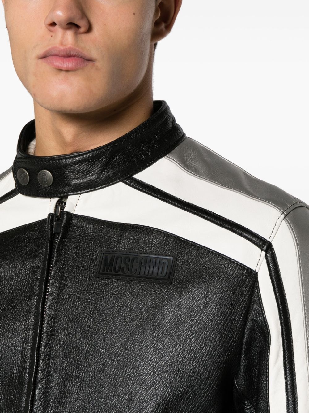 logo-patch leather biker jacket - 5
