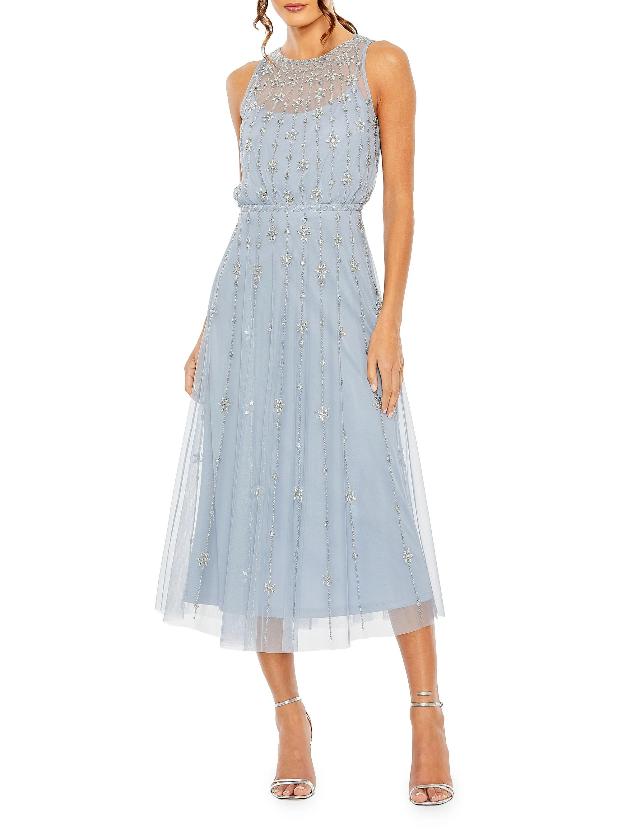 Women's Crystal-Embellished Tulle Midi-Dress - Powder Blue - 1
