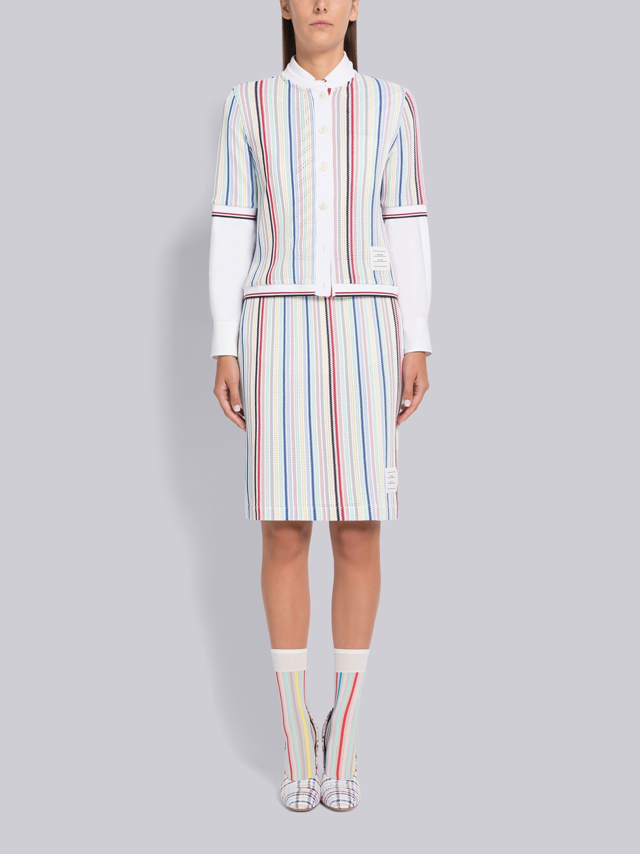 Stripe Viscose Mesh Tipping Short Sleeve Cardigan - 4