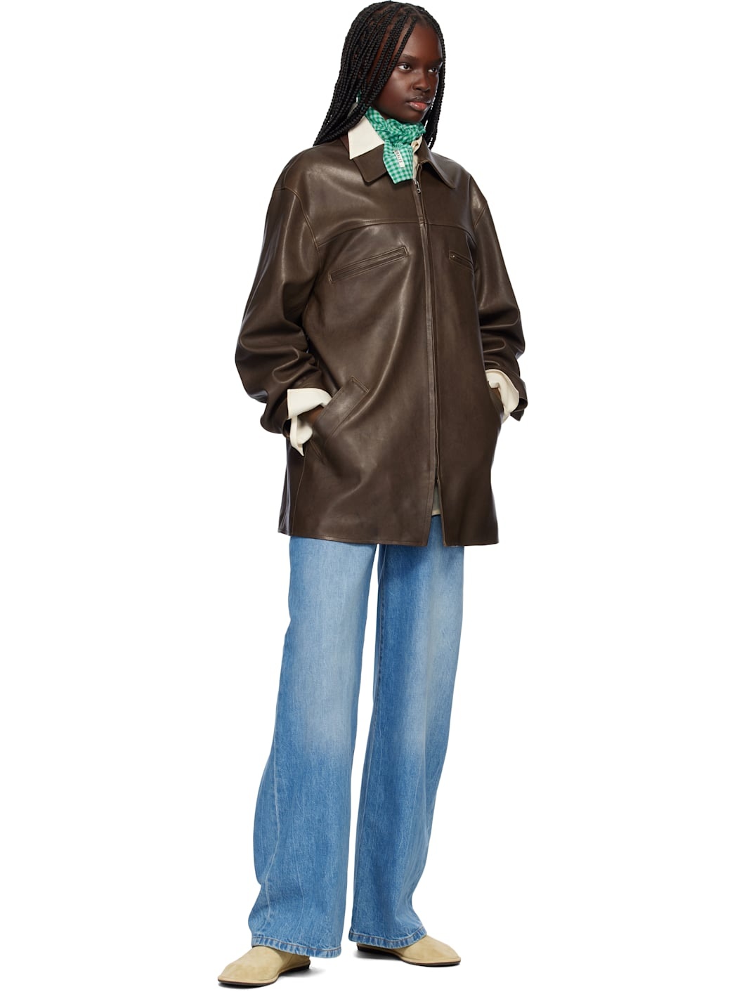 Brown Lamb Leather Long Zip Jacket - 5