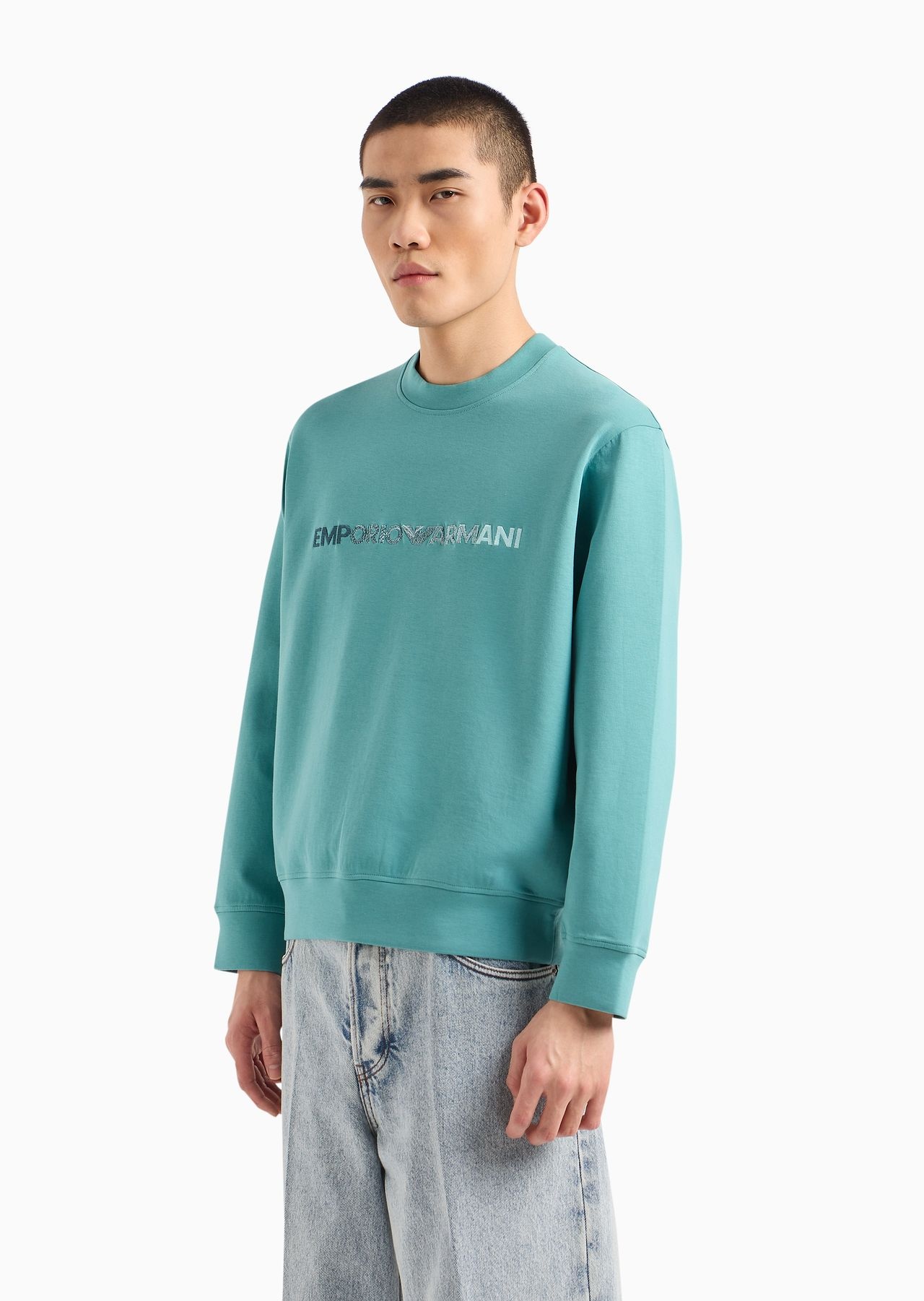 Double-jersey sweatshirt with Emporio Armani logo embroidery - 2