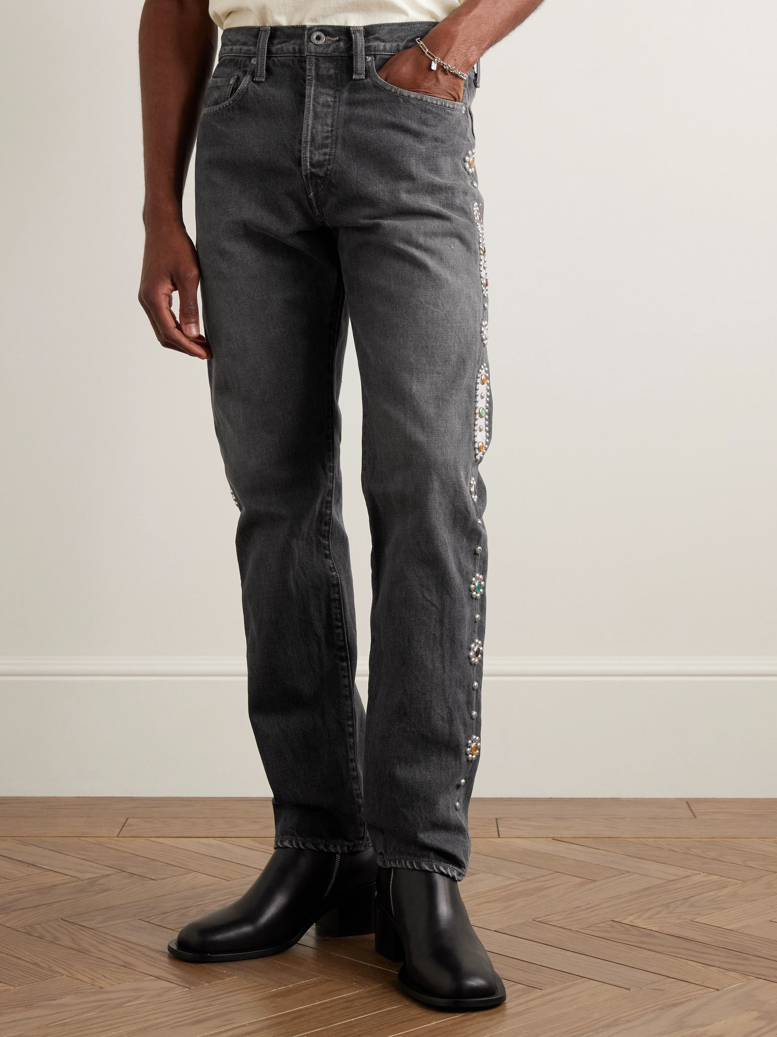 Monkey CISCO Straight-Leg Embellished Leather-Trimmed Jeans Gray - 3