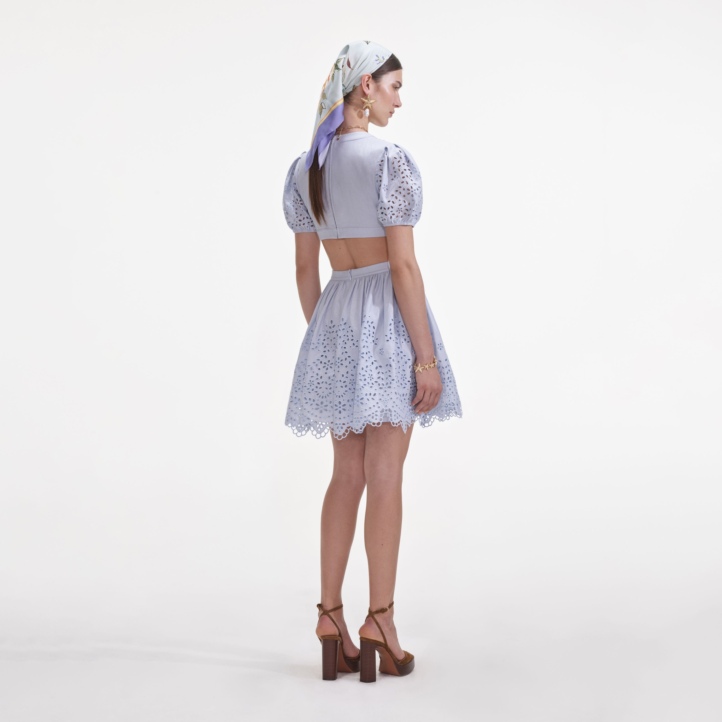 Blue Embroidered Linen Mini Dress - 3