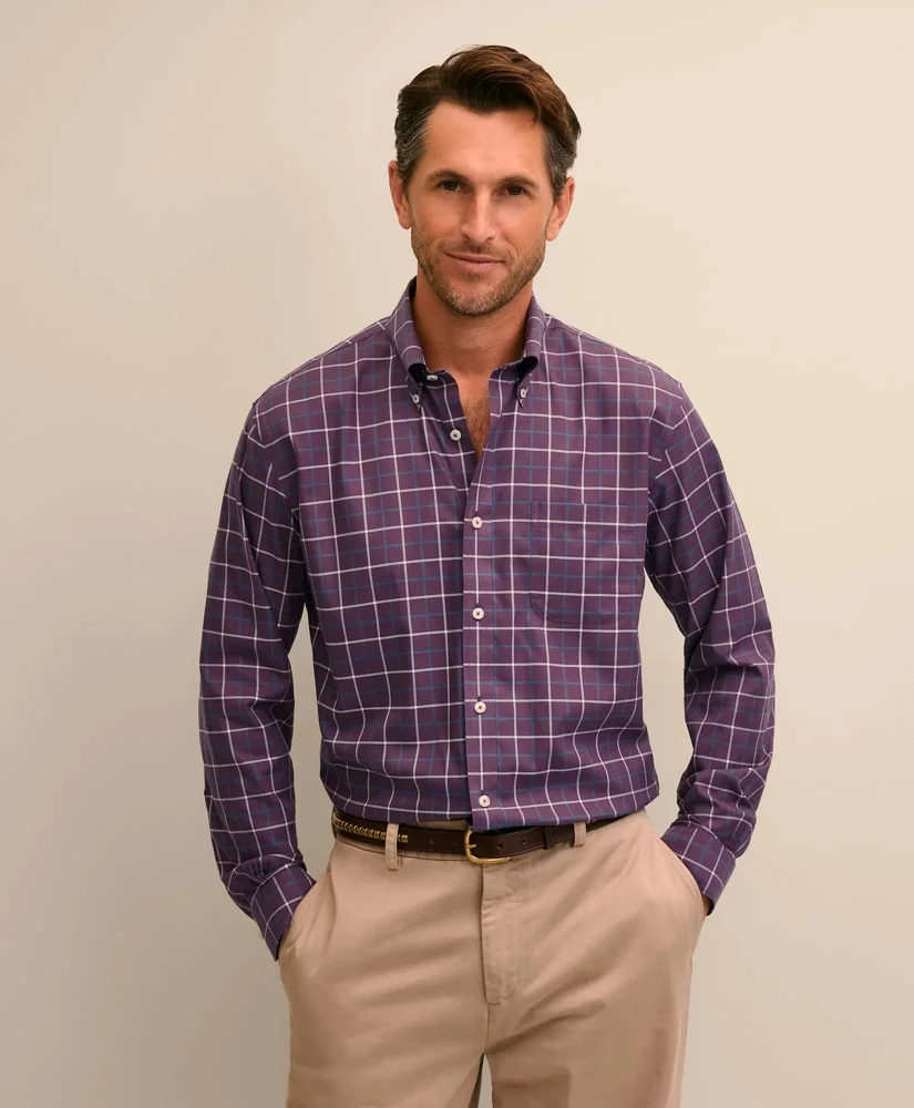 Stretch Cotton Non-Iron Twill Button Down Collar, Windowpane Sport Shirt - 1