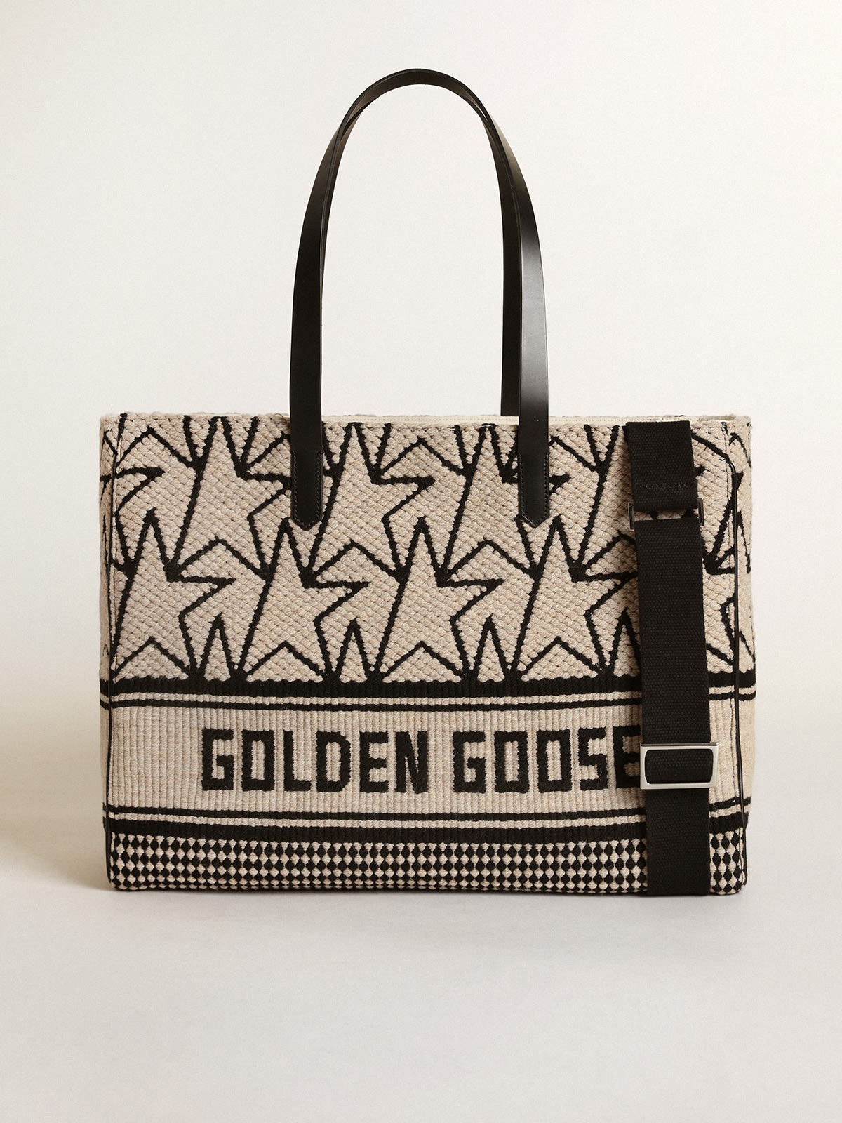 East-West California Bag in milk-white jacquard wool with contrasting black monograms and Golden Goo 2