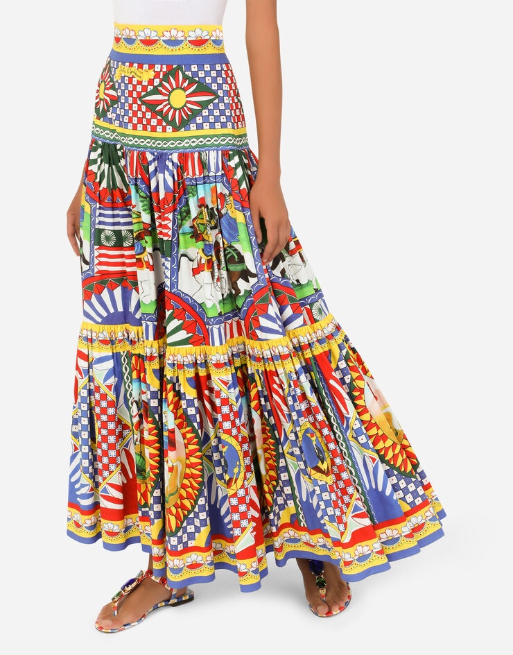 Carretto-print poplin calf-length skirt - 5