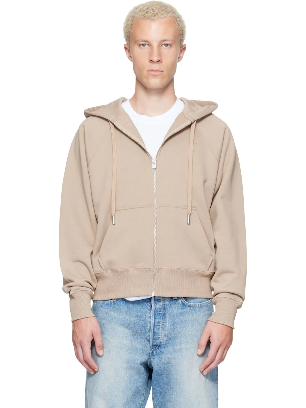 Beige Zipped Cotton Embossed Ami de Coeur Hoodie - 1