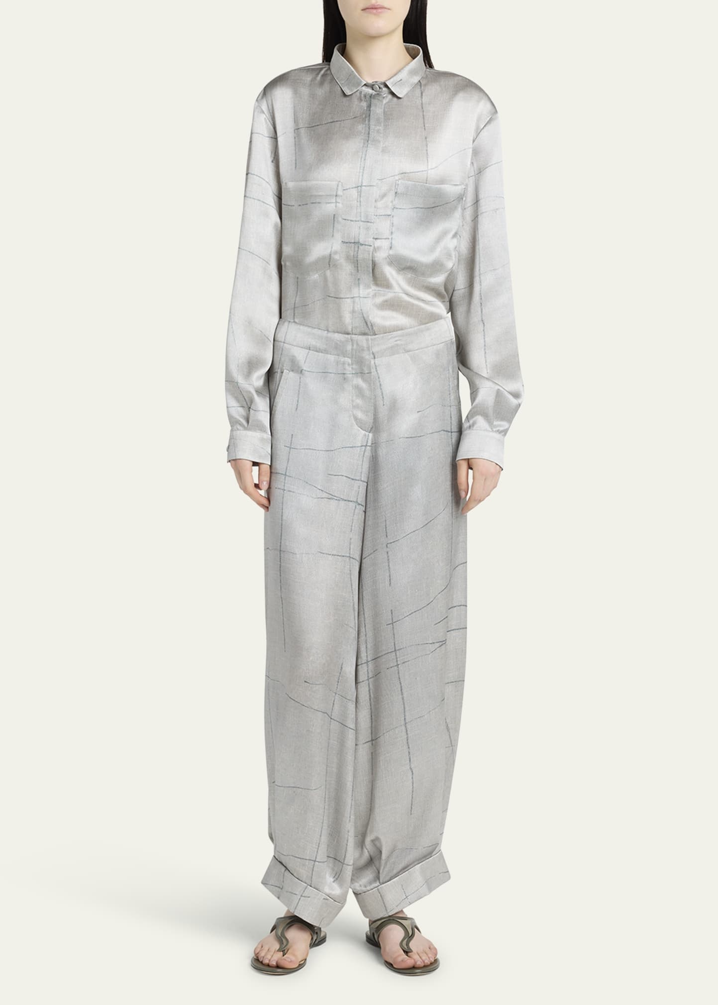Check Cuffed Wide Leg Silk Trousers - 2