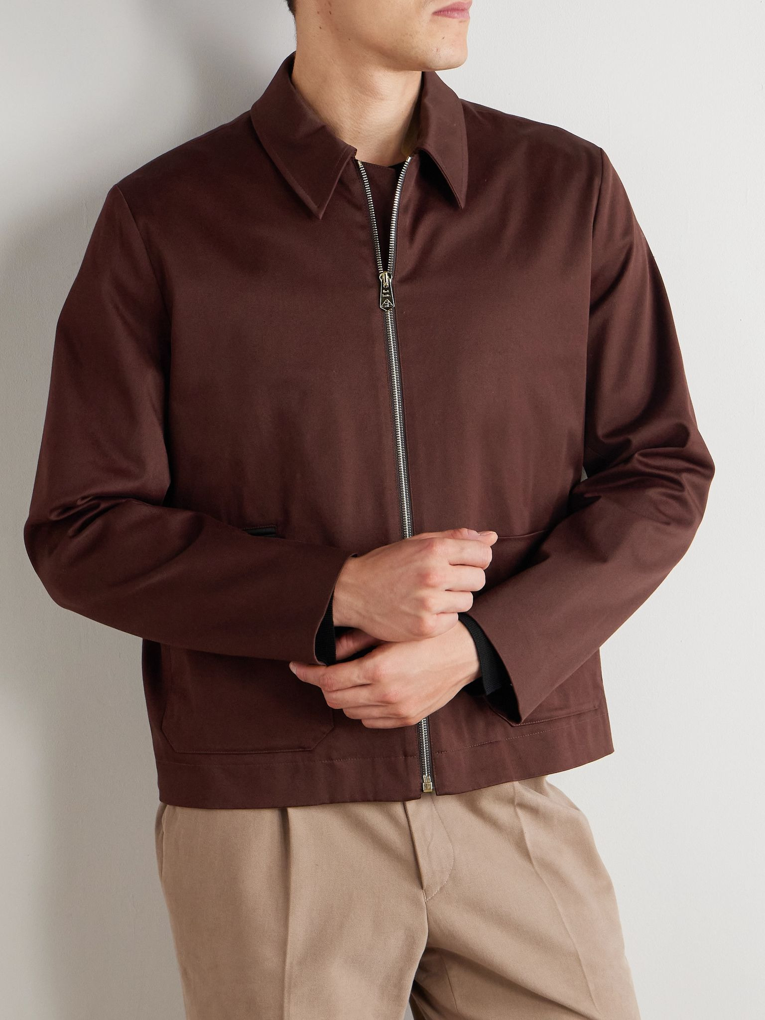 Leather-Trimmed Cotton-Blend Twill Harrington Jacket Merlot - 3