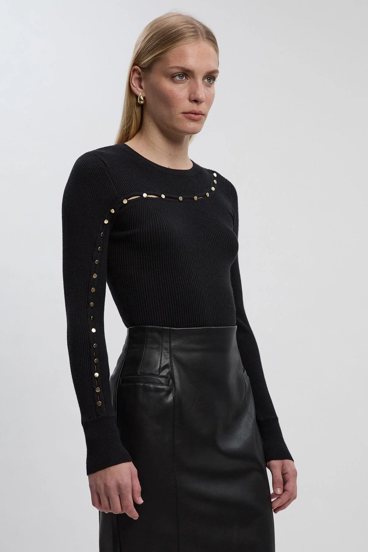 Viscose Blend Cut Out Trim Detail Knit Top - 1