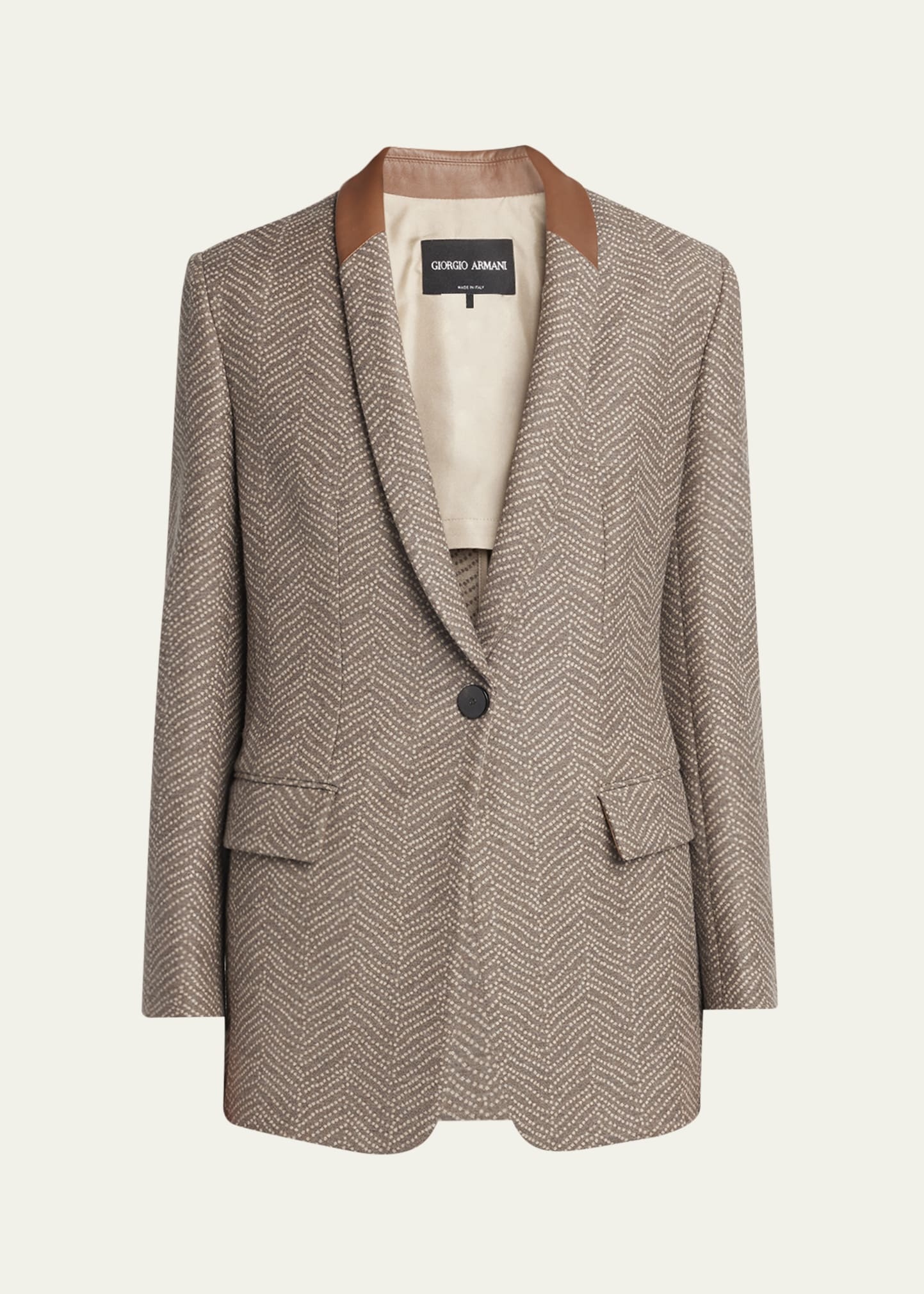 Chevron Wool Single-Breasted Blazer with Leather Trim - 1
