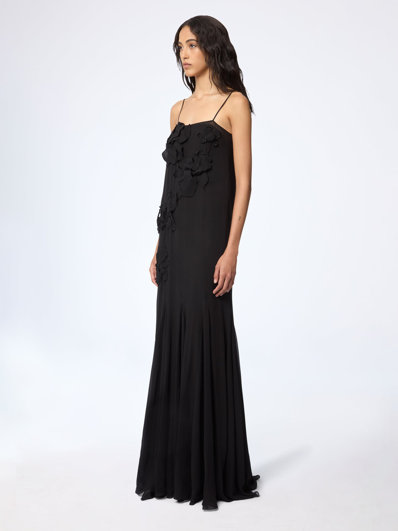 NINA RICCI Black Long Embroidered Flowers Silk Dress outlook