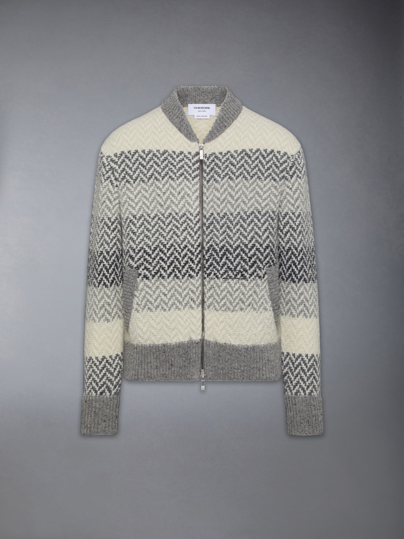 회색 & 떨어져 백색 줄무늬 Herringbone Zip-Up 스웨터 1