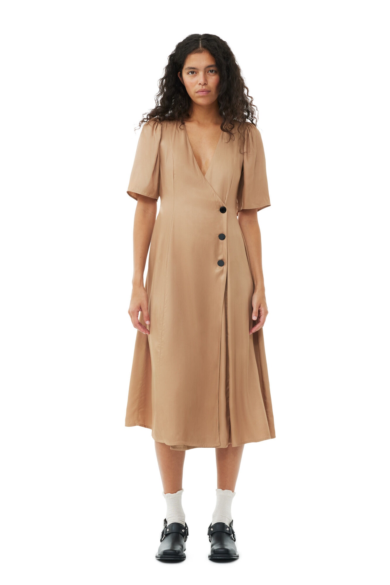 GANNI BROWN VISCOSE TWILL WRAP MIDI DRESS | REVERSIBLE