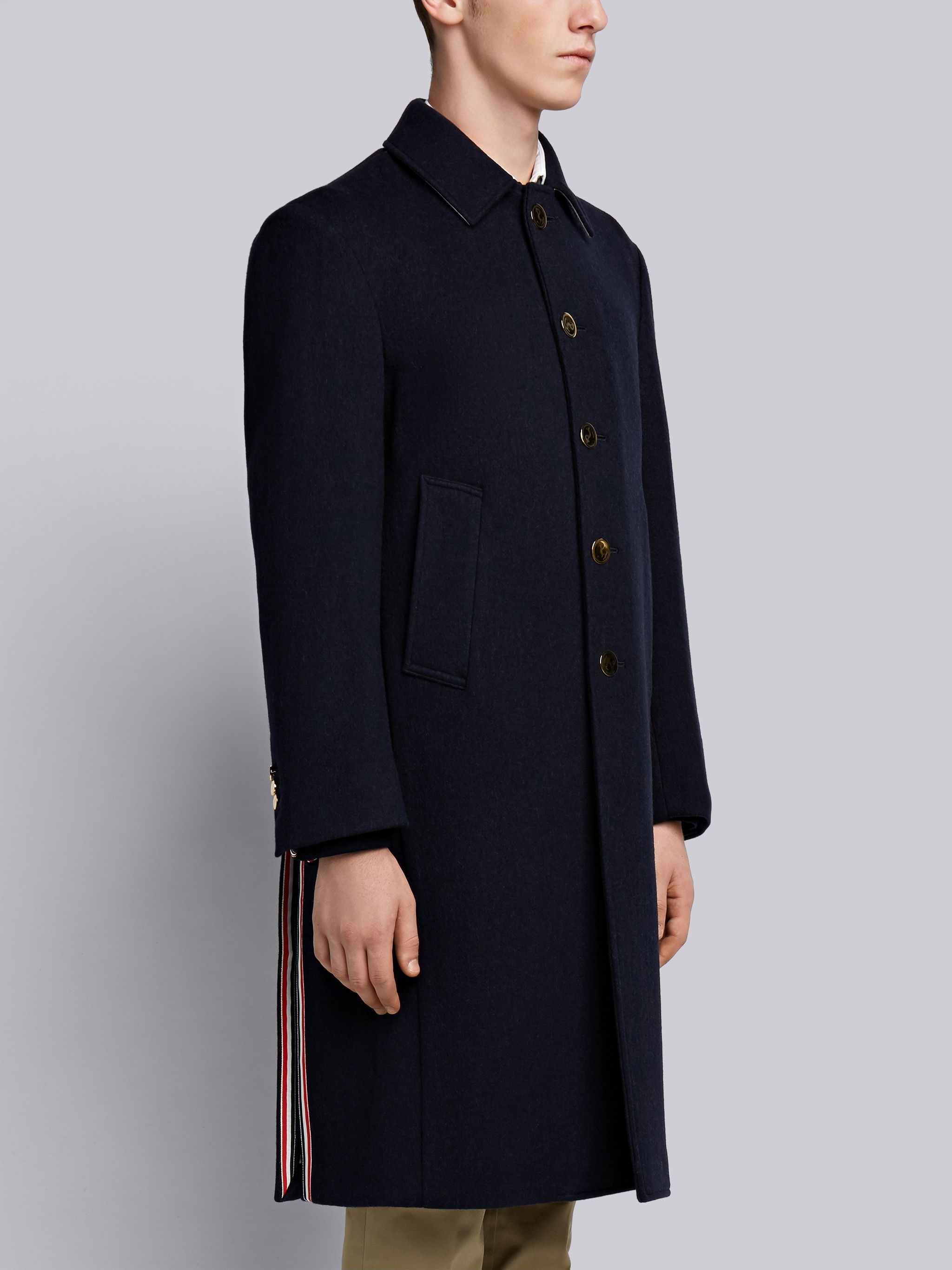 Navy Cashmere Wool Center Back Stripe Relaxed Fit Bal Collar Classic Overcoat - 3