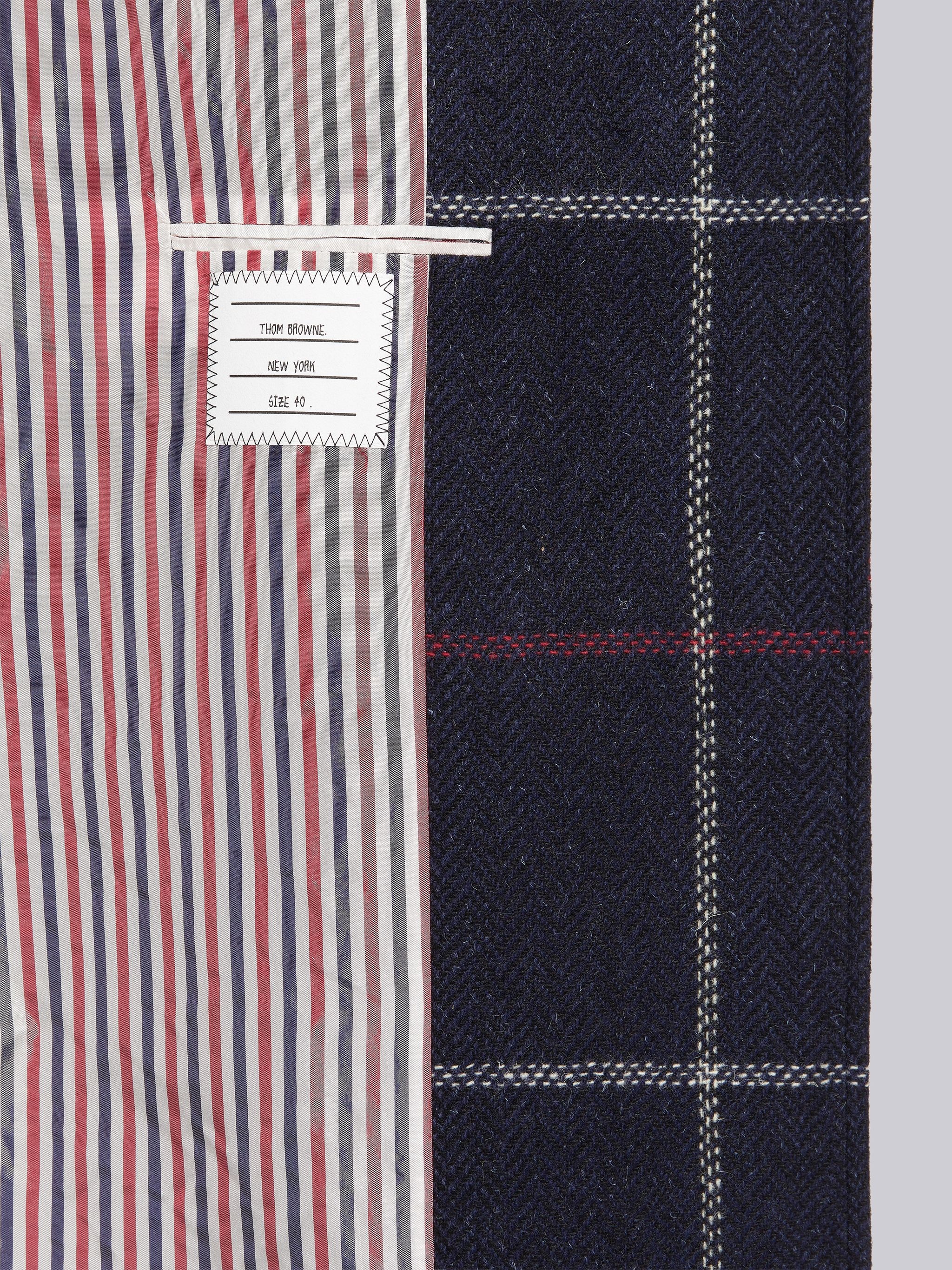 Navy Herringbone Windowpane British Wool Toggle Closure Raglan Sleeve Duffle Overcoat - 6