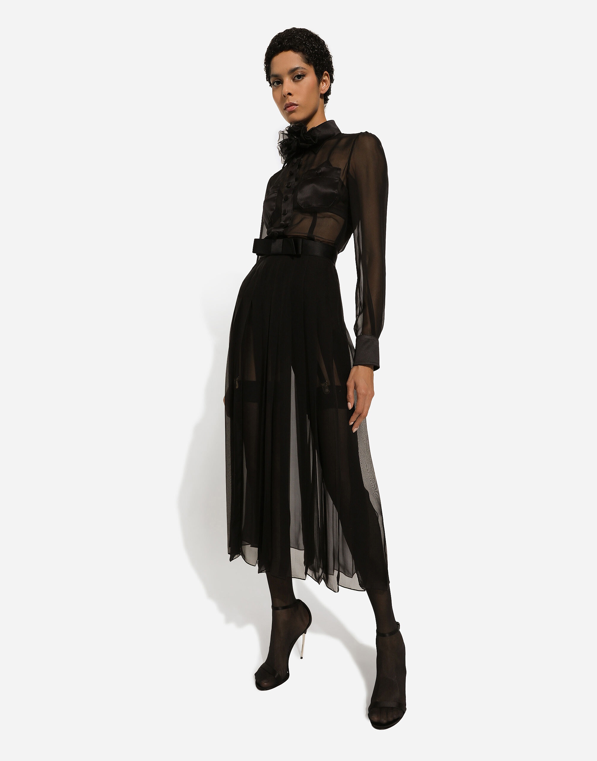 Chiffon calf-length shirt dress with satin details - 10