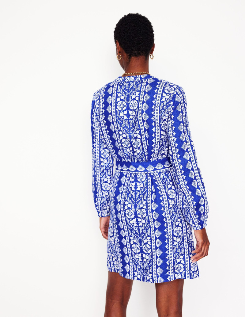 Cleo Linen Tie Waist Dress-Bright Blue, Ornate Border 5