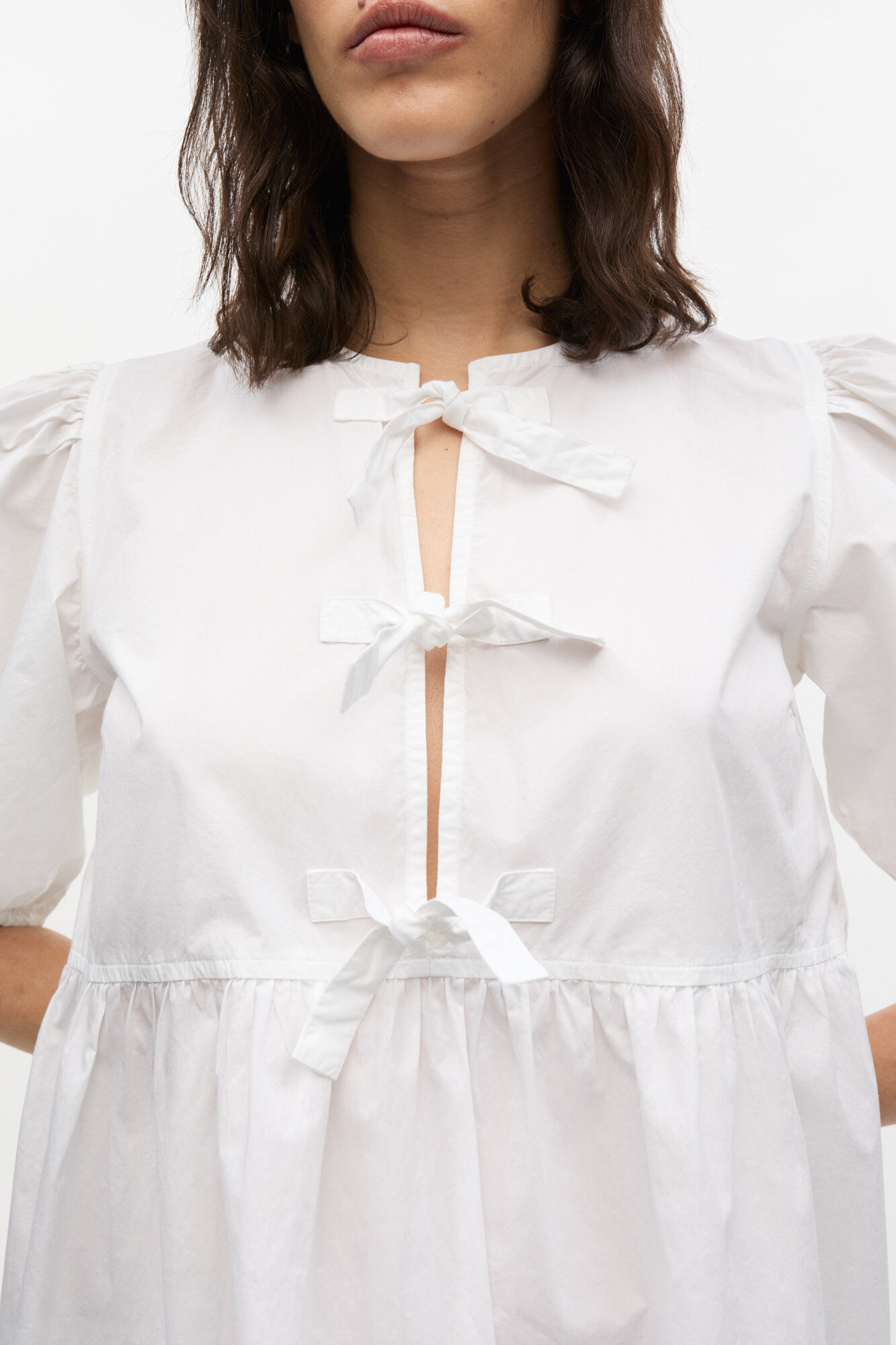 WHITE COTTON POPLIN TIE STRING MINI DRESS - 5