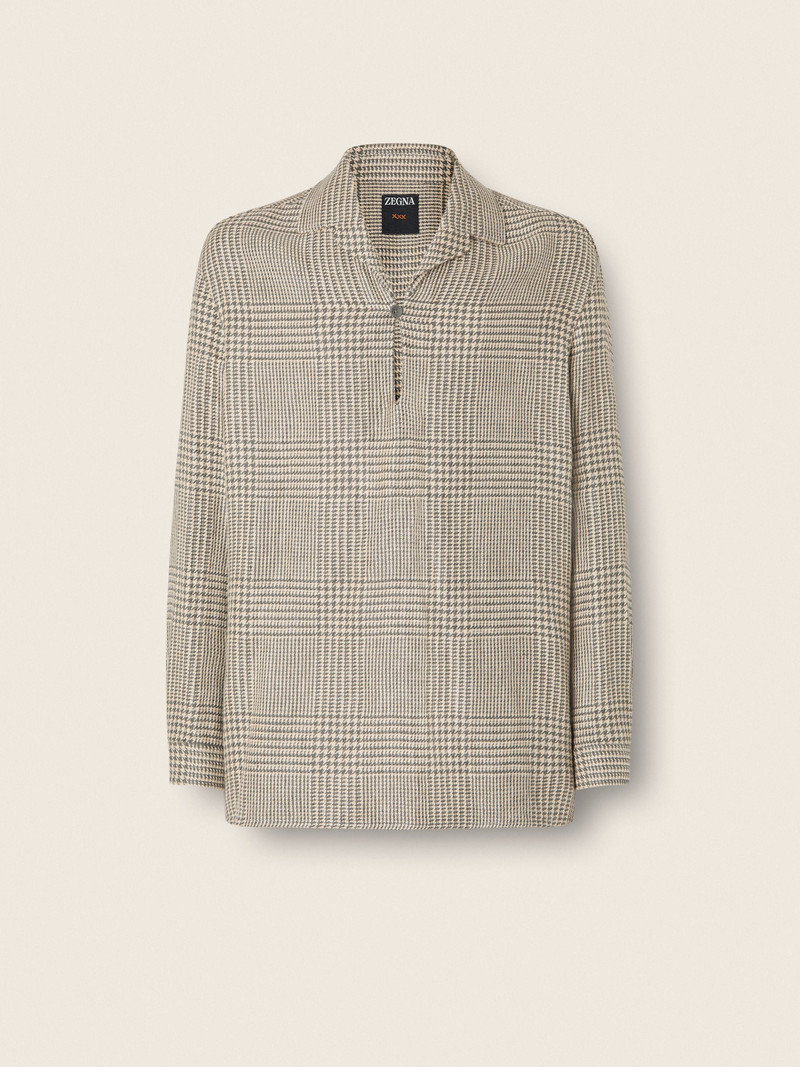 OLIVE GREEN AND WHITE PRINCE OF WALES CROSSOVER LINEN WOOL AND SILK SHIRT 1