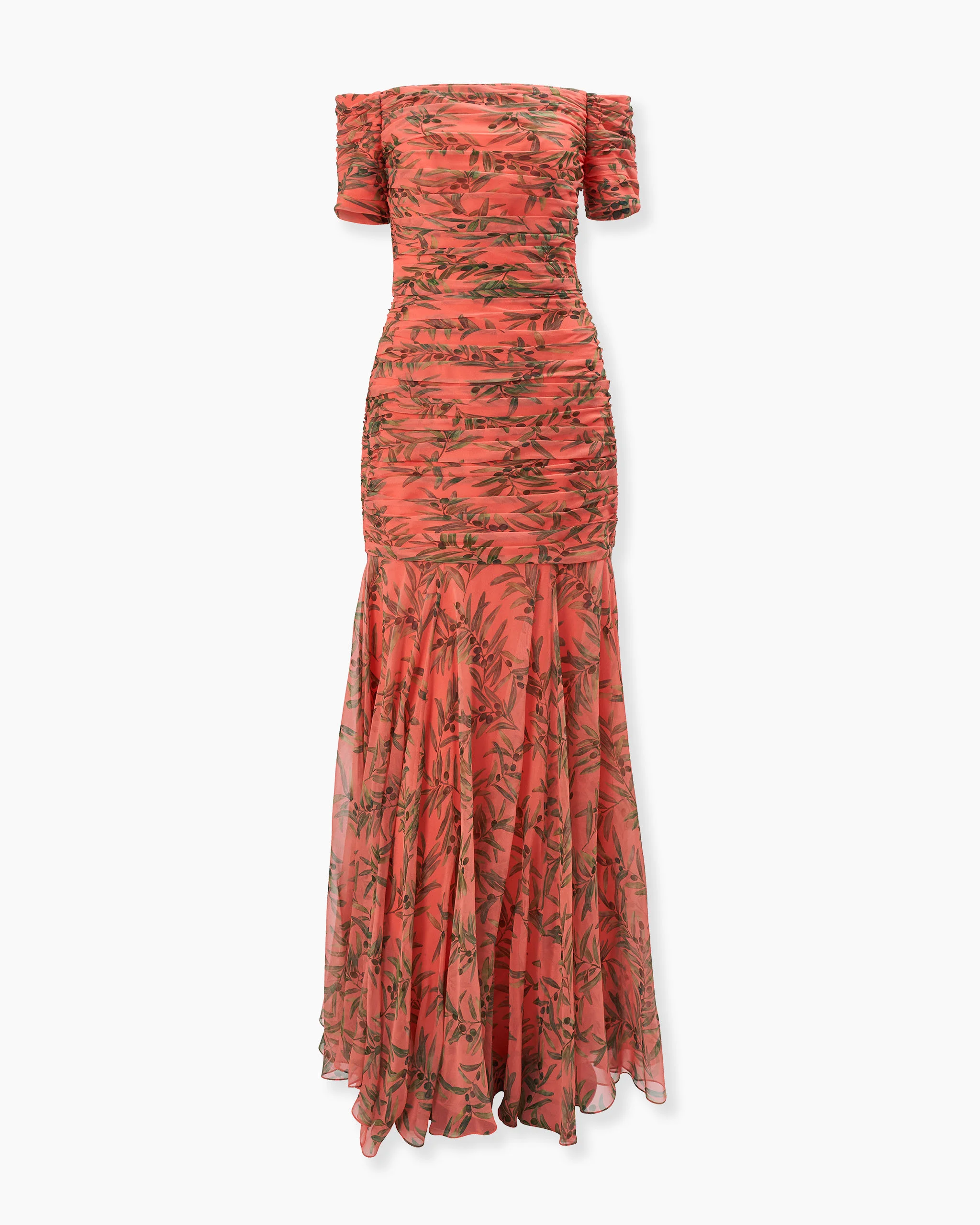 Olive Branch-Print Ruched Gown - 1