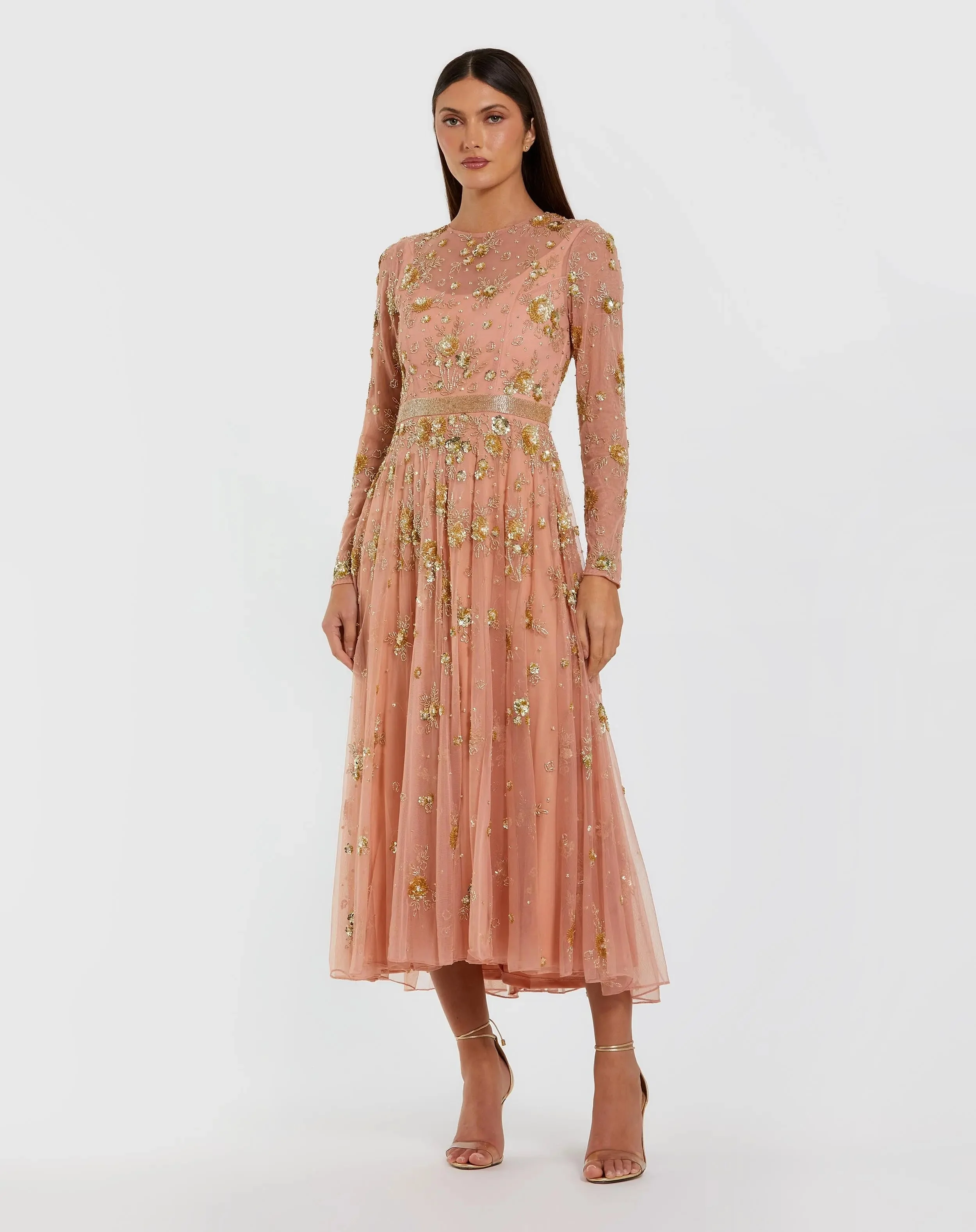 Beige Beaded Long Sleeve A Line Midi Dress - 1