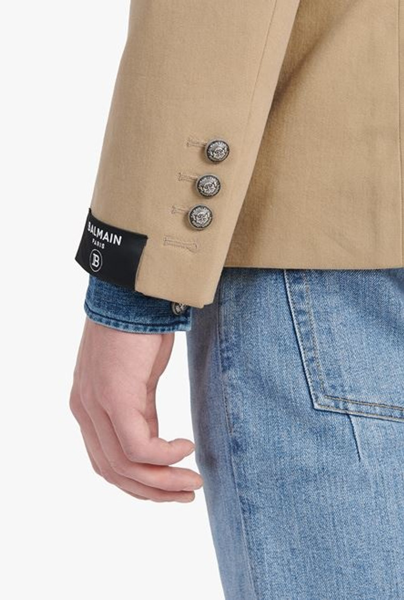 Dark sand-colored cotton blazer with embroidered Balmain badge and double-breasted silver-tone butto 8