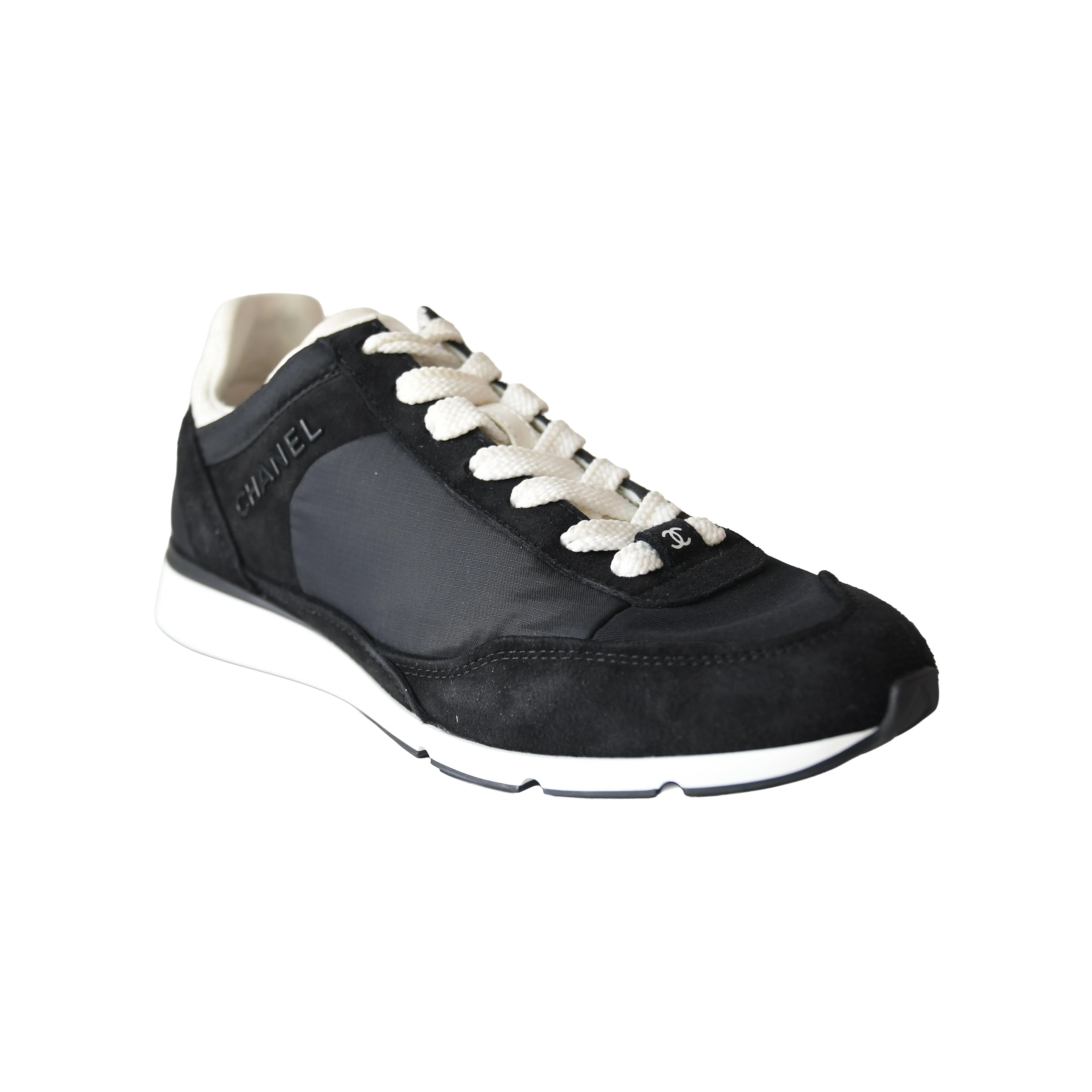 Chanel Interlocking CC Logo Suede Low Top Sneakers Black - 1
