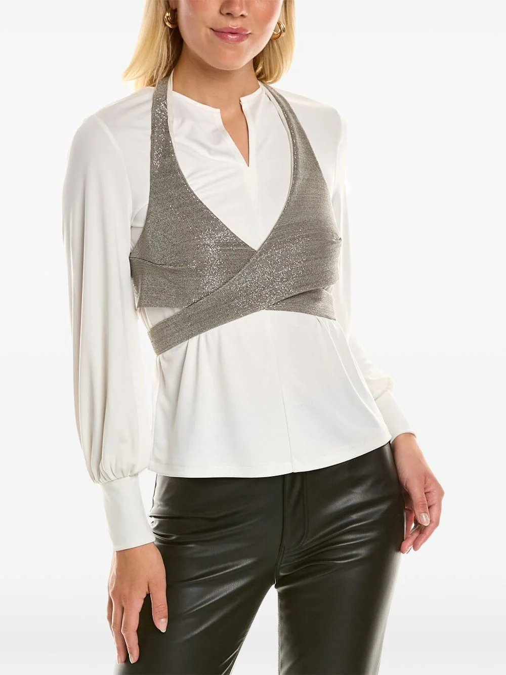 metallic-overlay V-neck blouse - 1