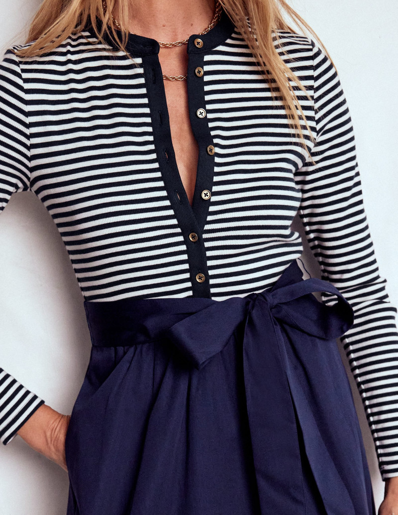Button Detail Mix Dress-Navy Stripe 3