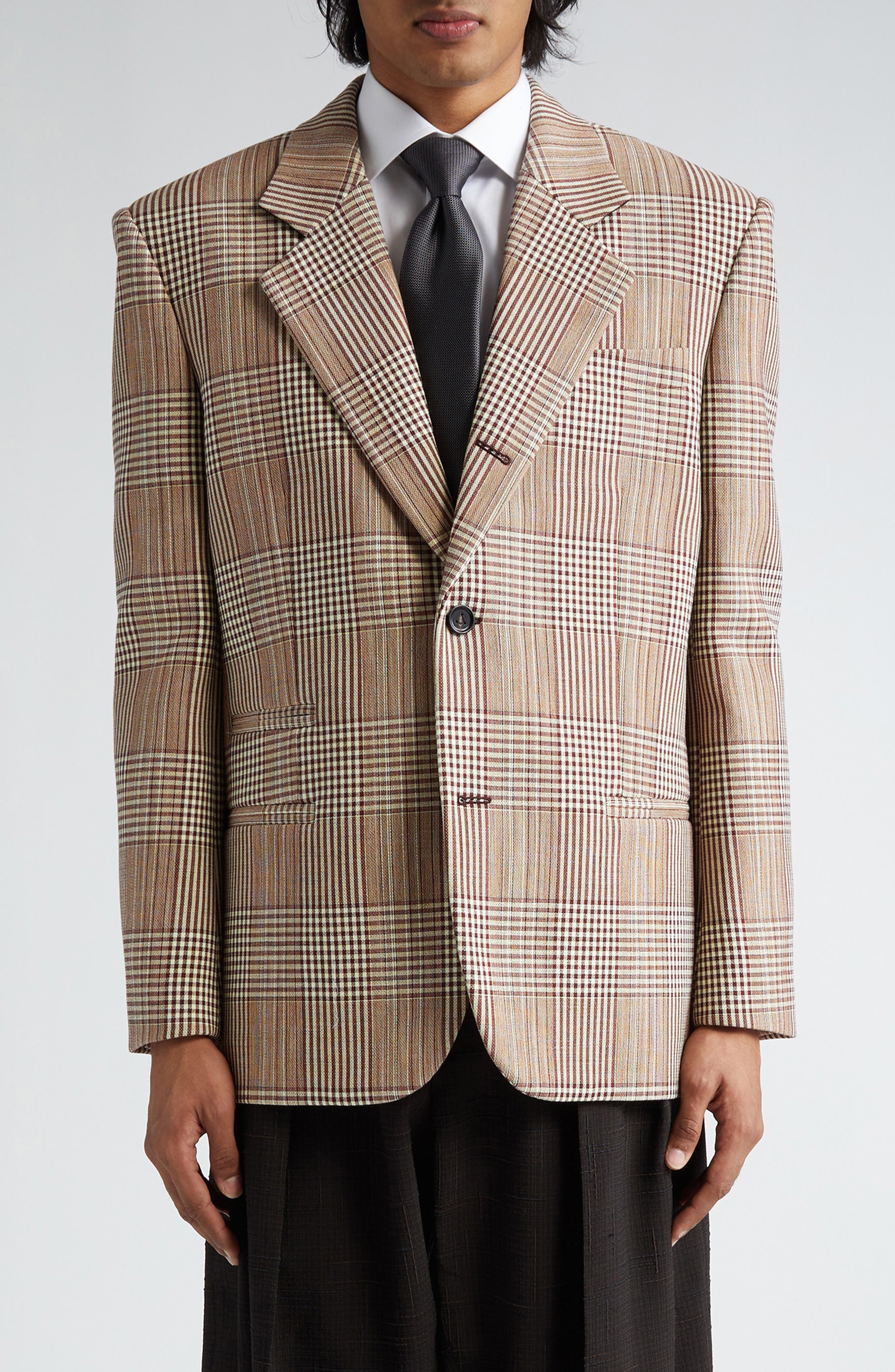 Bottega Veneta Relaxed Fit Check Double Face Cotton Blend Blazer in Brown/White/Yellow at Nordstrom - 1