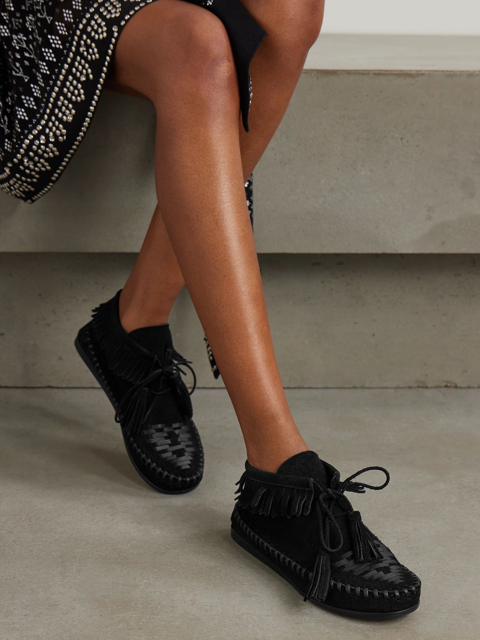 Felsa fringed tasseled leather-trimmed suede ankle boots Black - 2