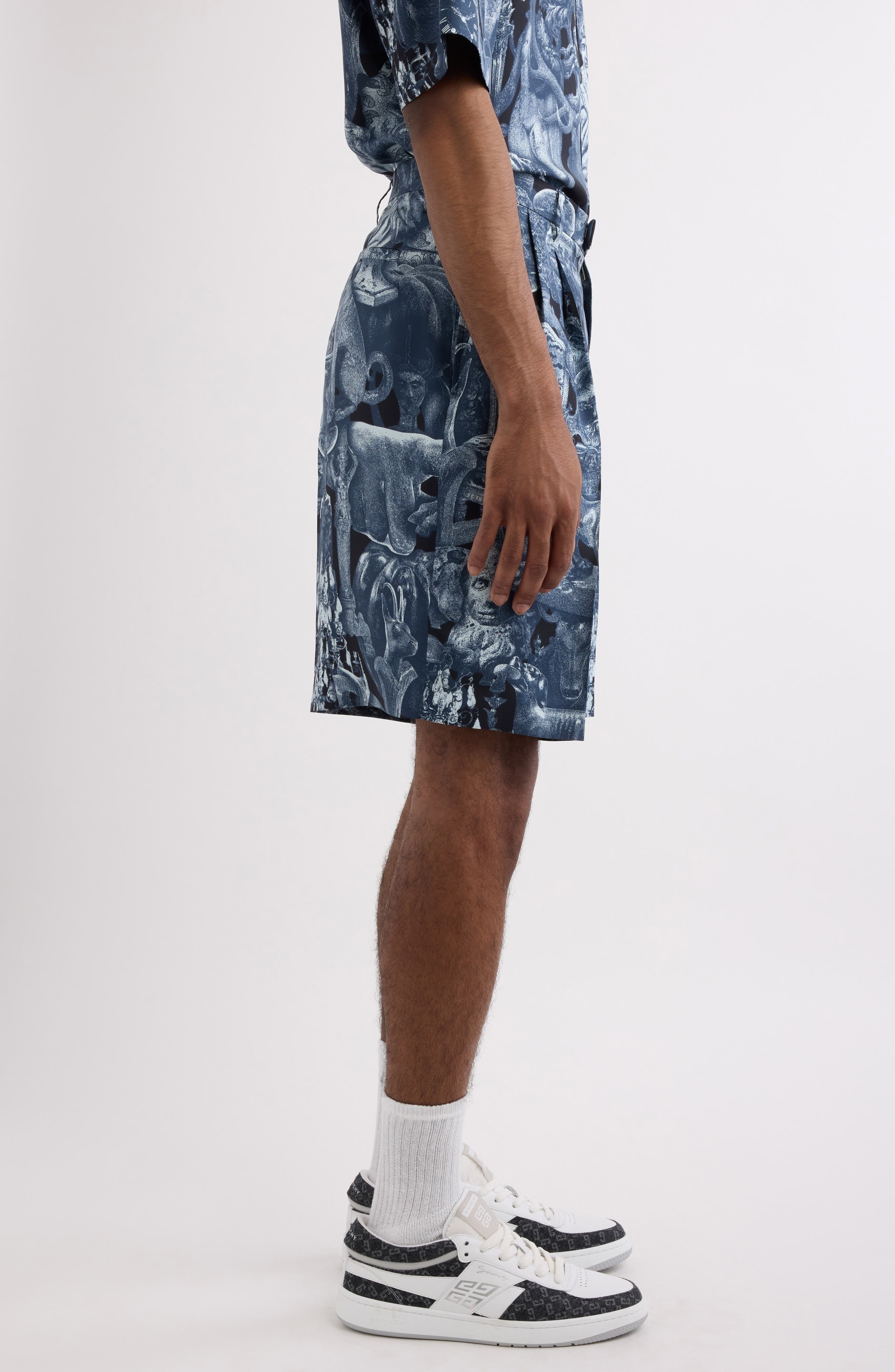 Givenchy Object Print Pleated Silk Shorts in Black/Navy at Nordstrom - 4