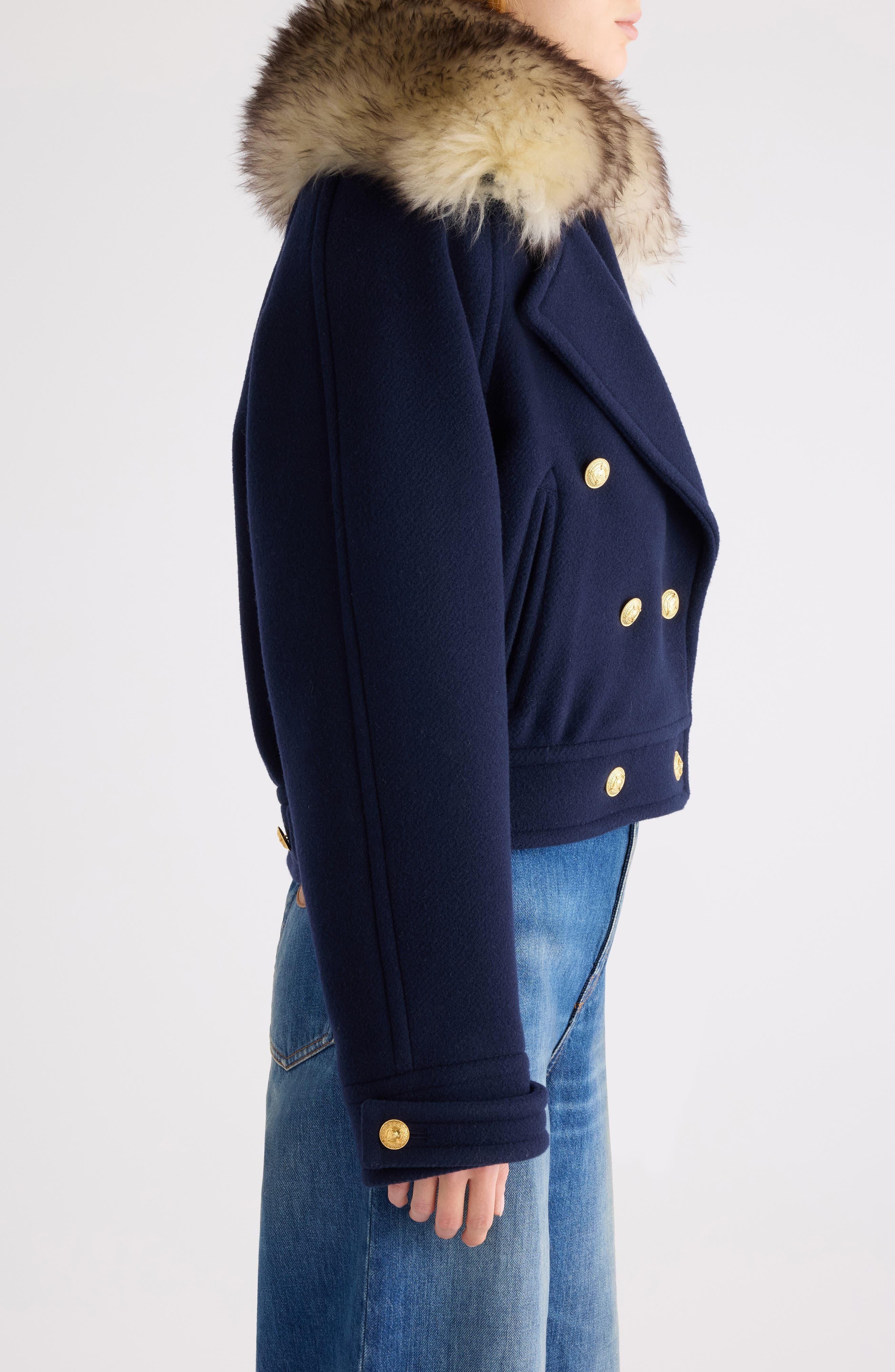 Chloé Crop Double Breasted Coat with Genuine Shearling Collar in Evening Blue at Nordstrom - 3