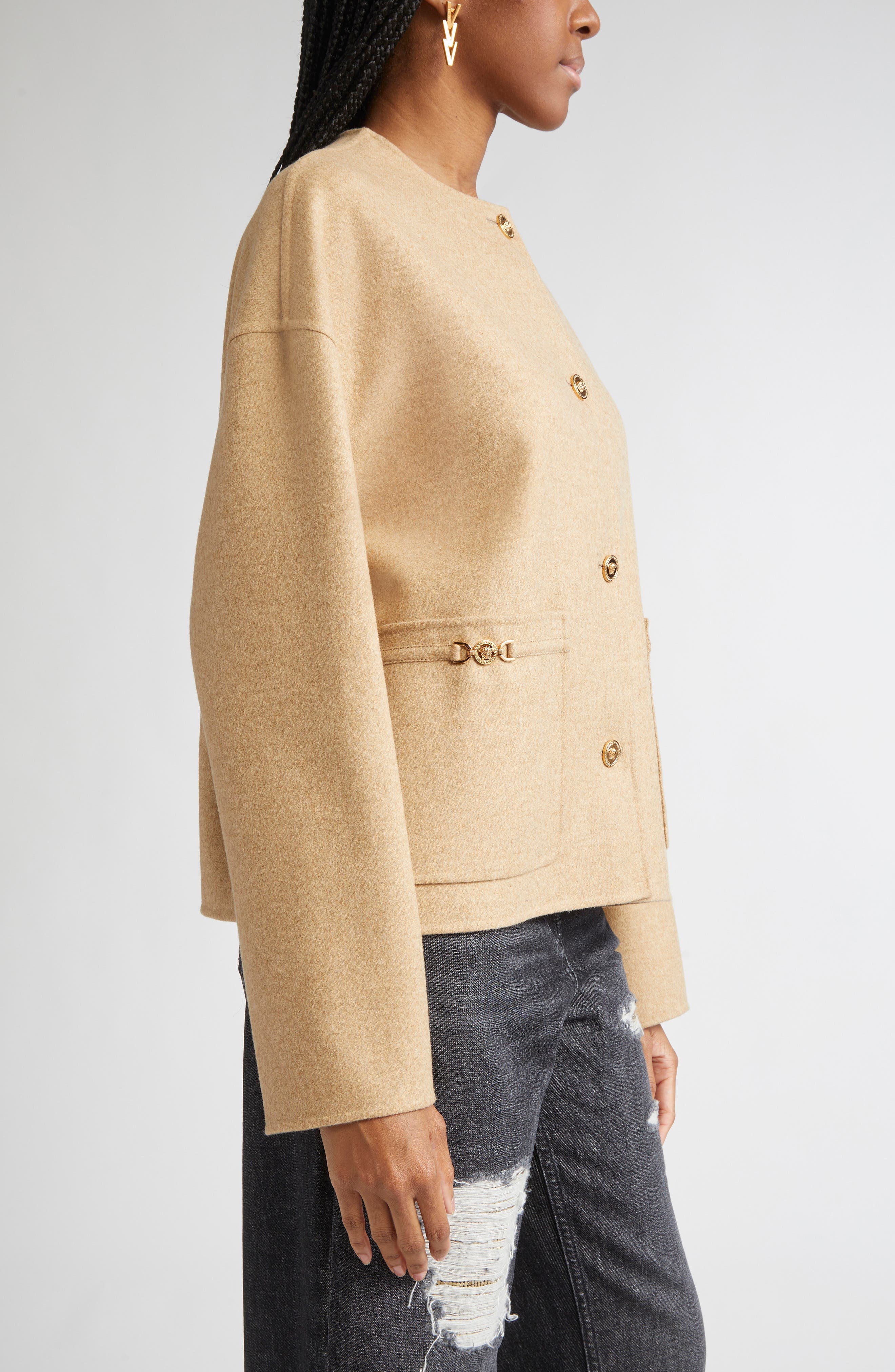 Versace Felted Wool Blend Peacoat in Beige Melange at Nordstrom - 4