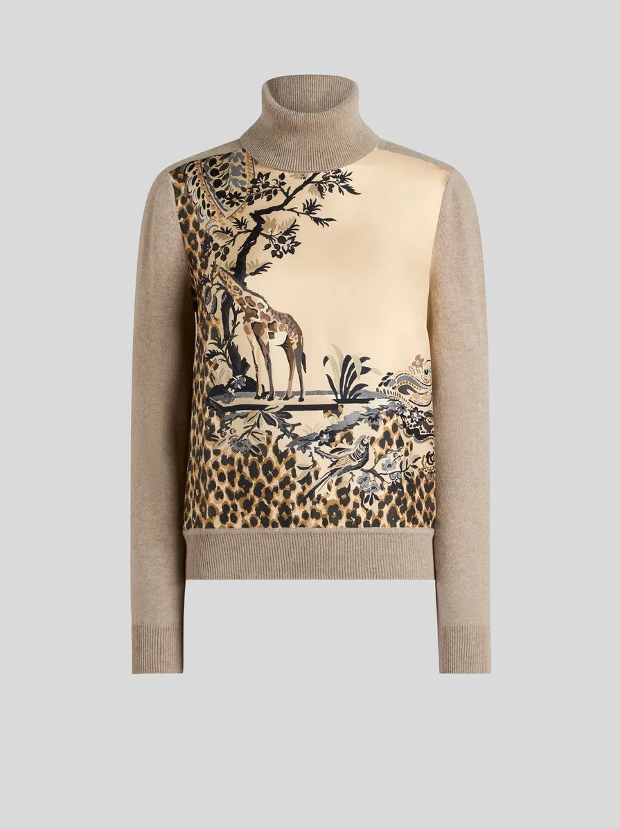 WOOL-BLEND TURTLENECK SWEATER WITH PLACED ANIMAL AND PAISLEY PRINT - 1