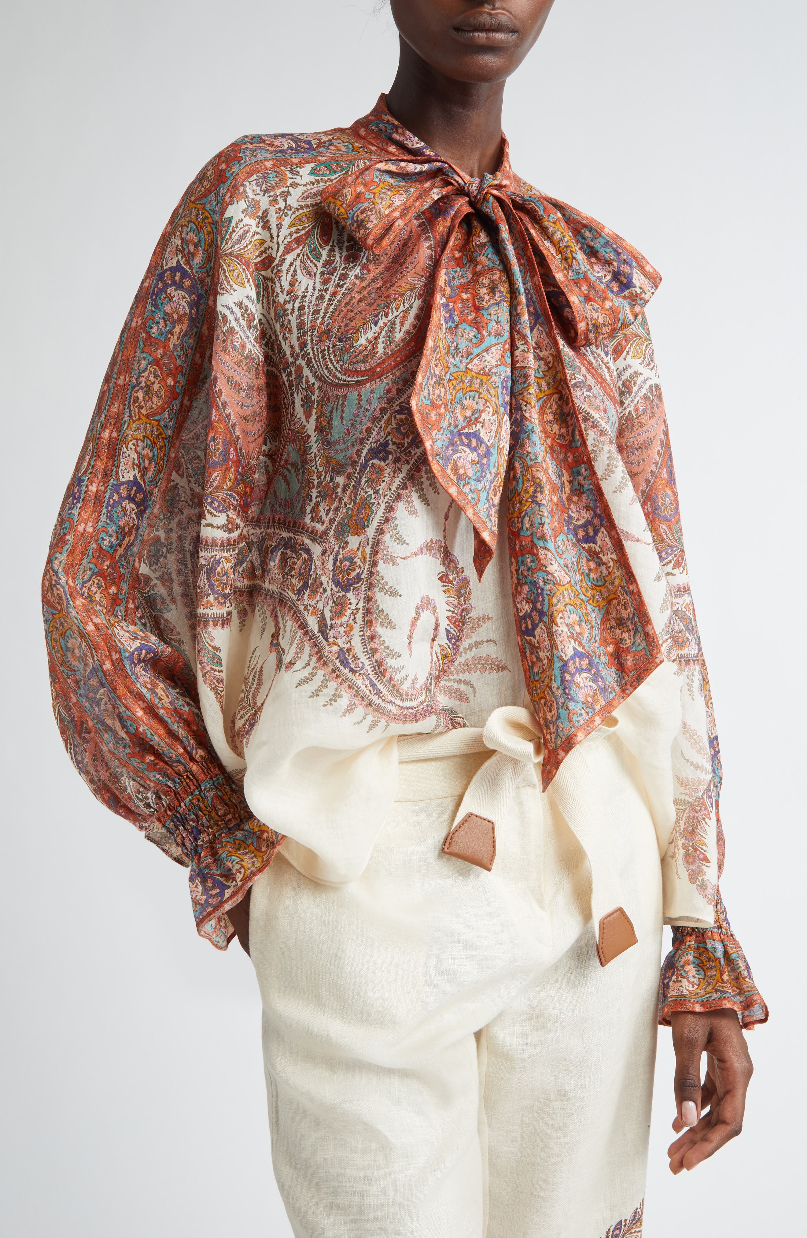 Zimmermann Rhiannon Paisley Tie Neck Top in Cream Paisley at Nordstrom - 3