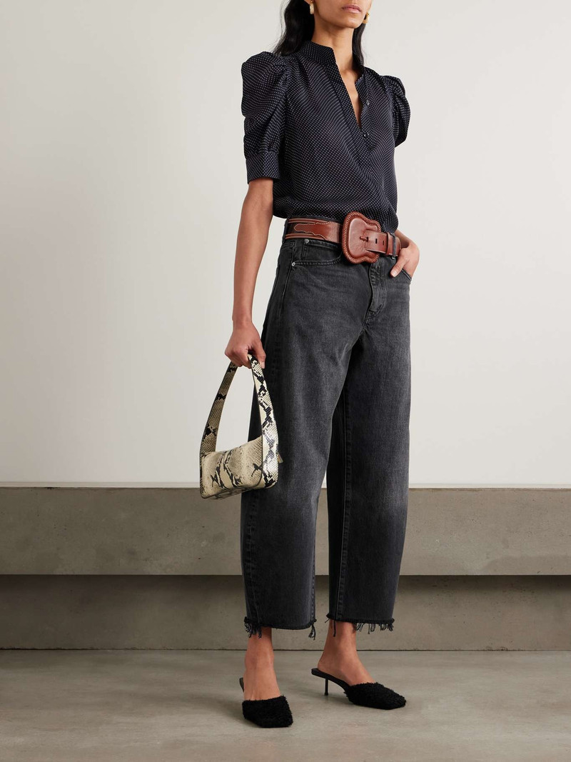 FRAME The Bubble cropped frayed high-rise barrel-leg jeans Black outlook