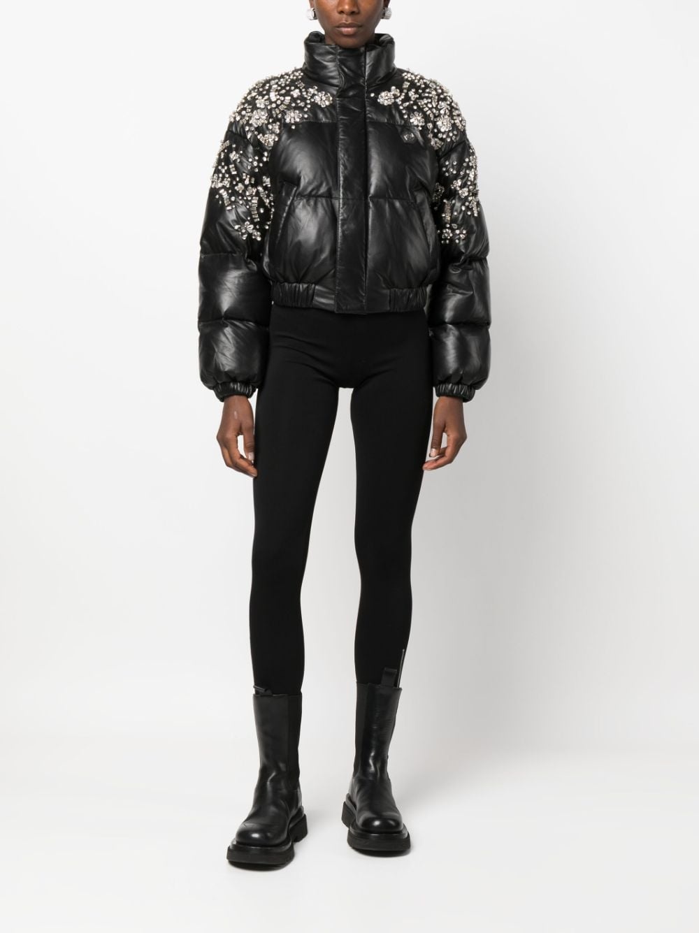 crystal-embellished leather puffer jacket - 2