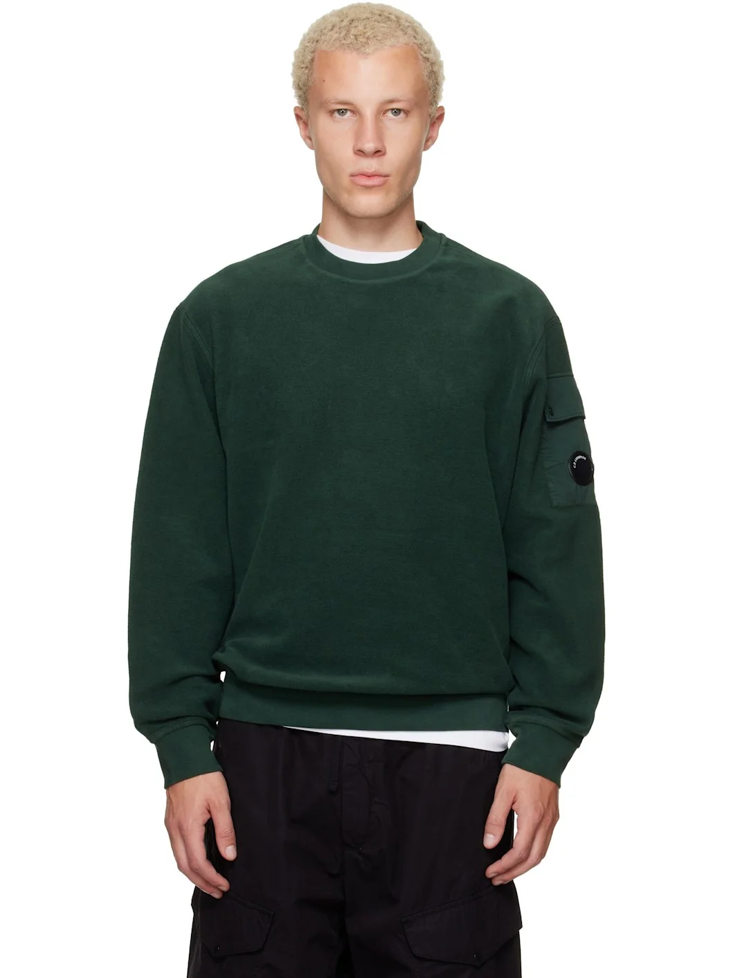 Green Crew Neck Brushed Emerized Diagonal Fleece Sweatshirt - 1