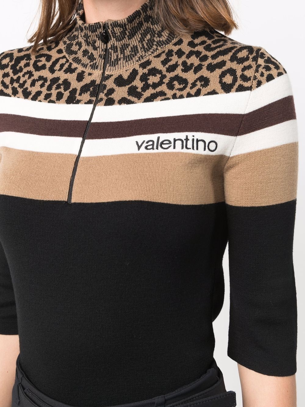 leopard print panel half-zip jumper - 5
